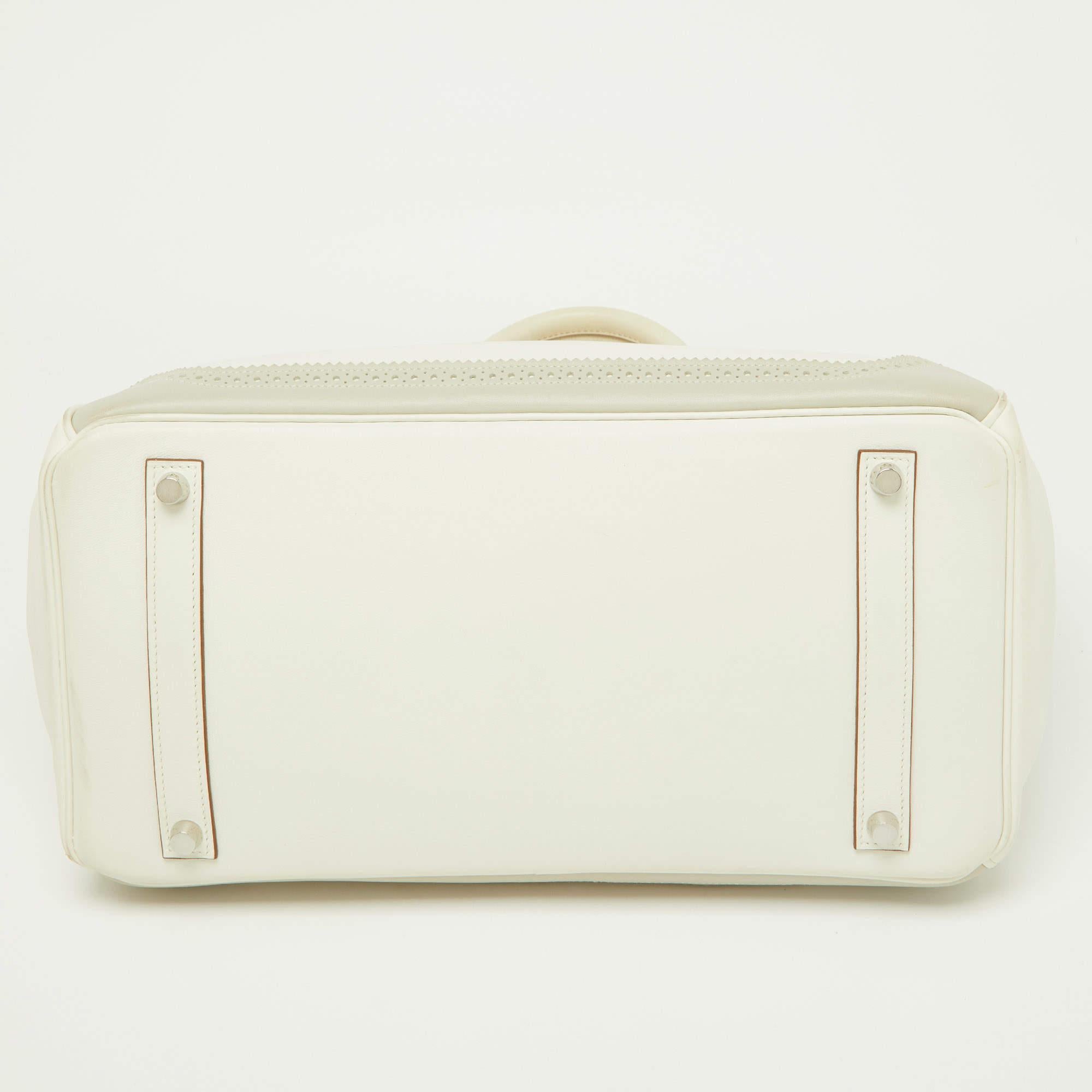 Hermes Blanc/Gris Swift Leather Palladium Finish Ghillies Birkin 35 Bag For Sale 1