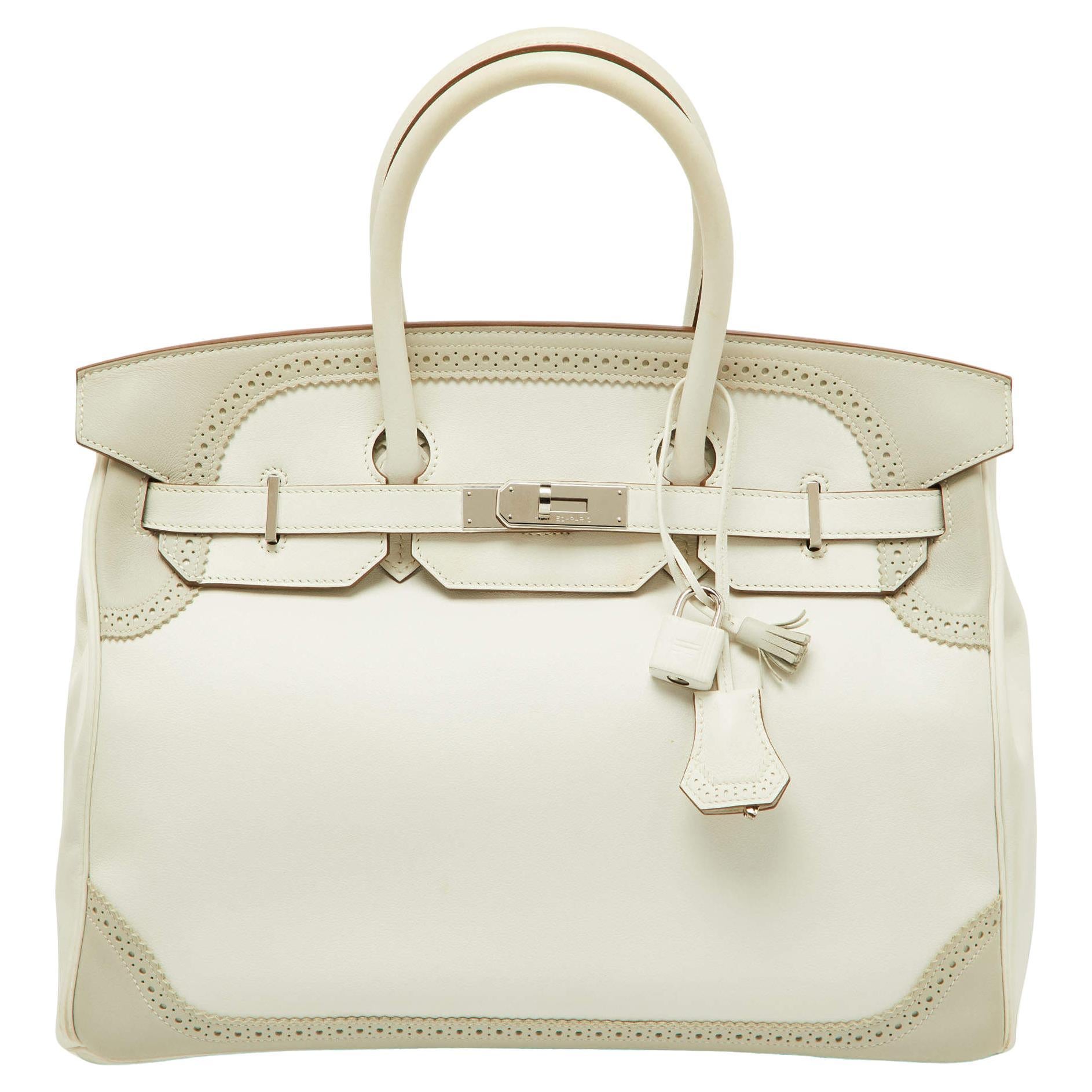 Hermes Blanc/Gris Swift Leather Palladium Finish Ghillies Birkin 35 Bag For Sale