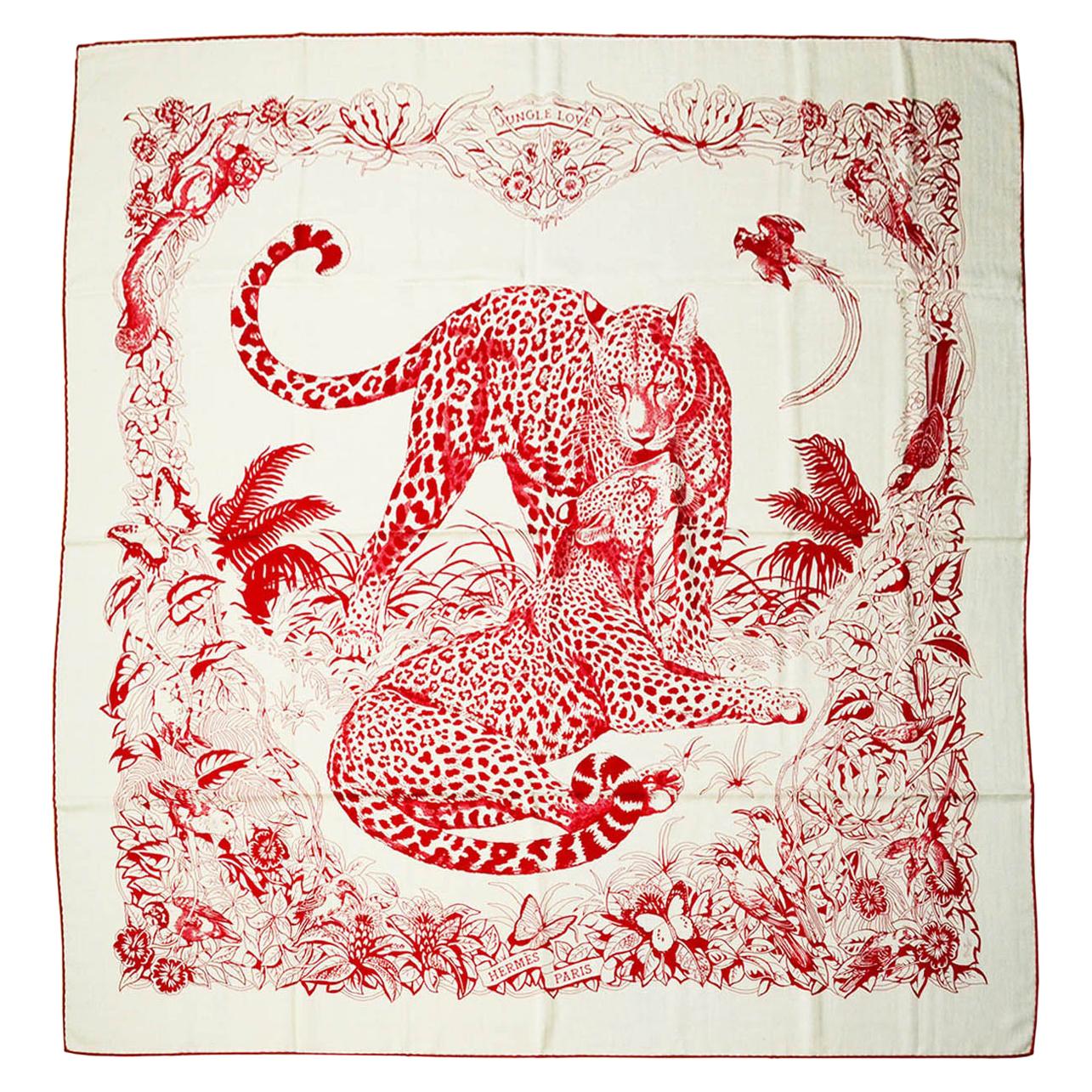 Hermes Blanc/Rouge Jungle Love Tattoo 140cm Silk/Cashmere Shawl by Robert Dallet
