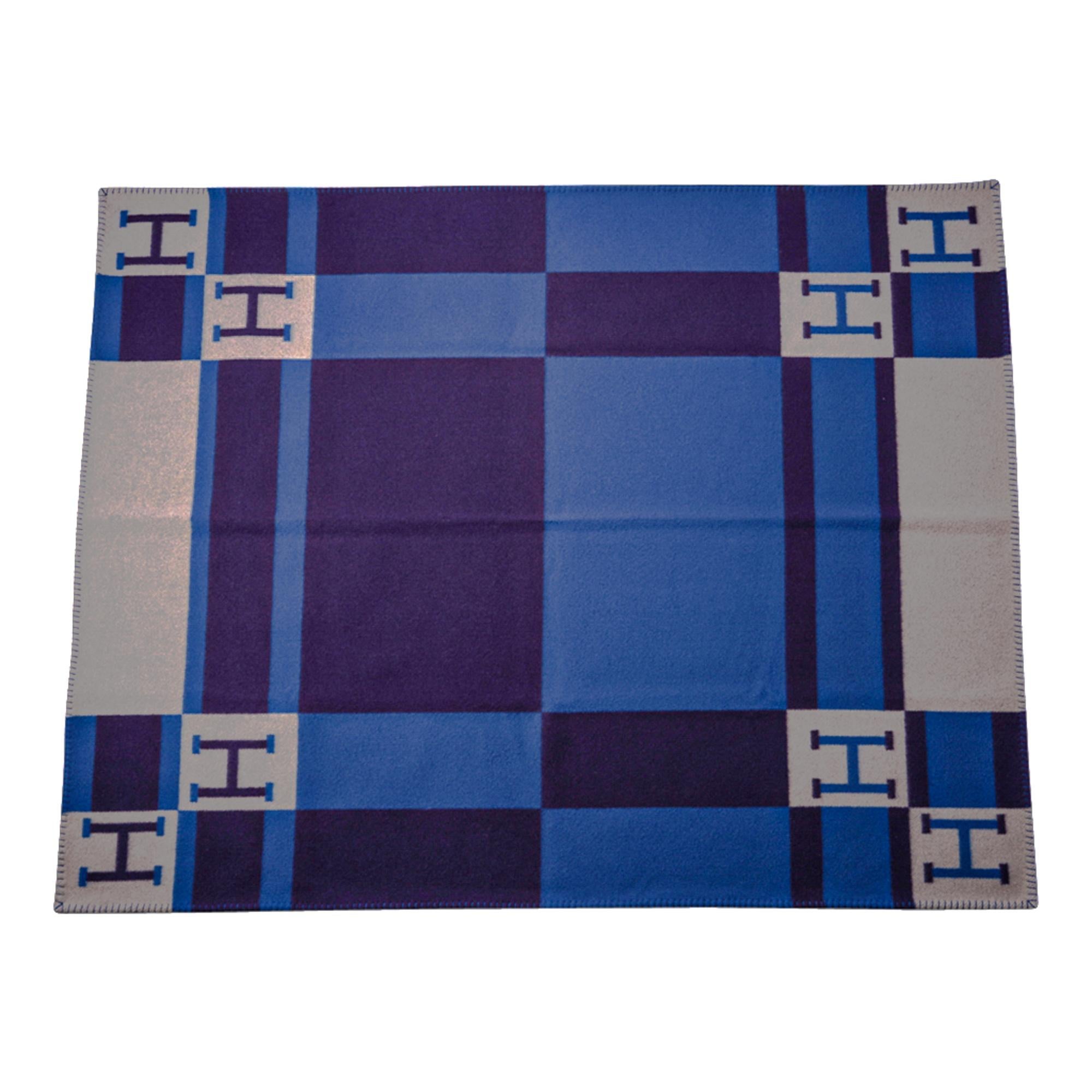 Hermes Blanket Avalon Bayadere Blue Marine Throw New 3