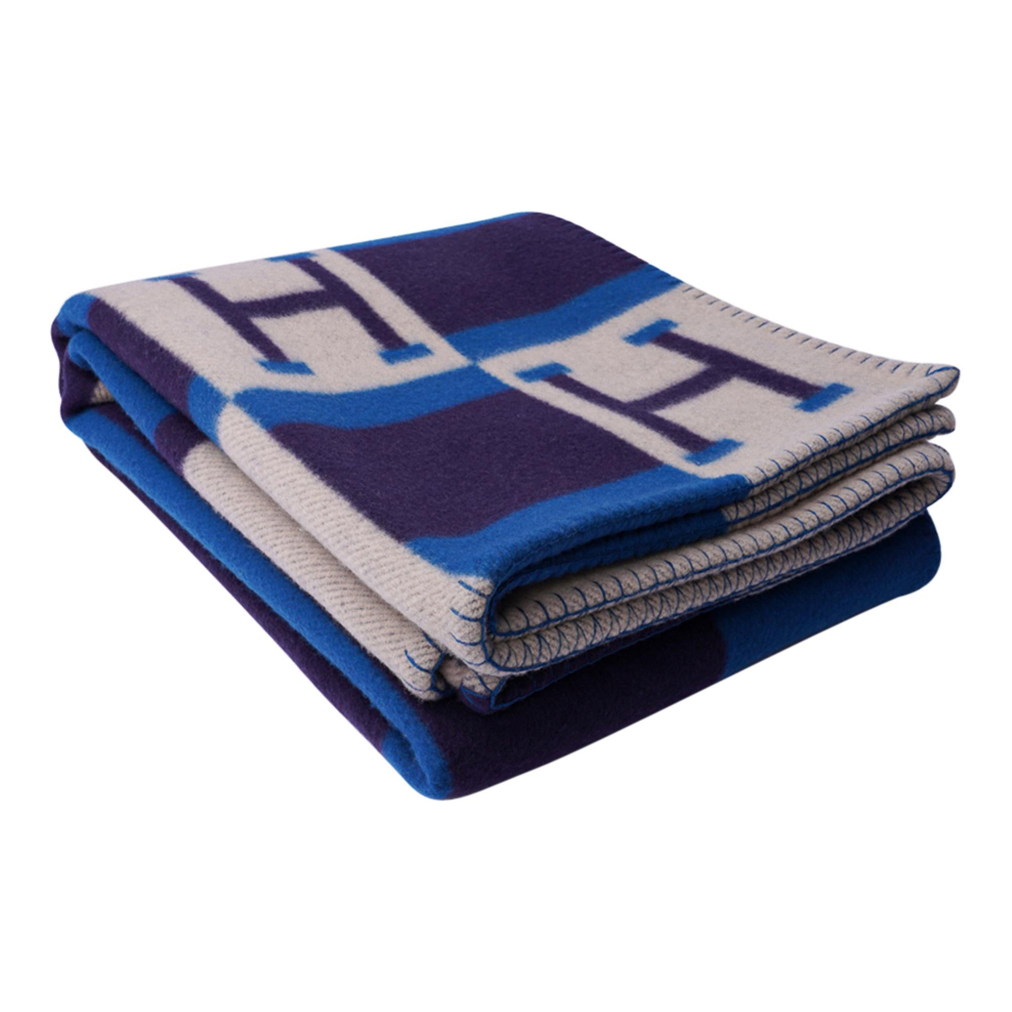 Hermès Decke Avalon Bayadere Blau Marine Überwurf Neu 5