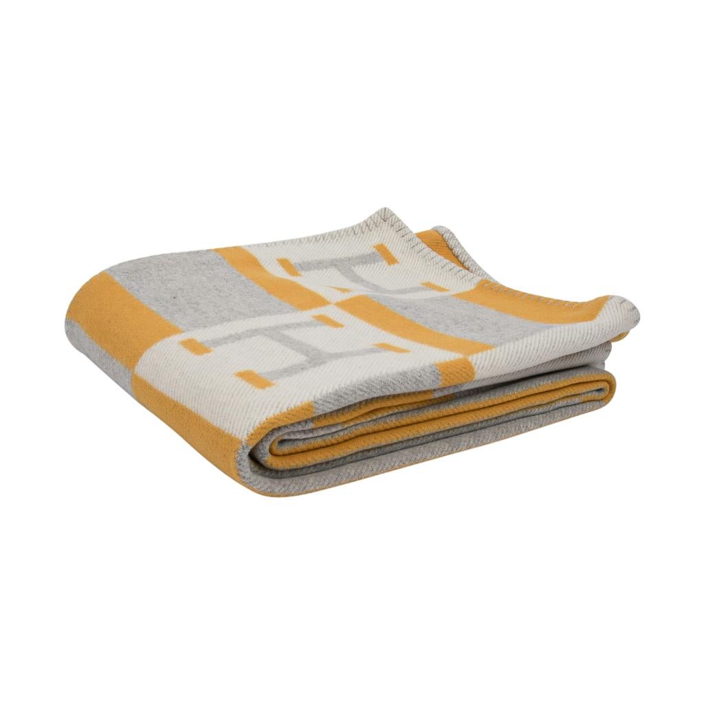  Hermes Couverture Avalon Bayadere Throw Blanket Jaune Gris Ecru Unisexe 