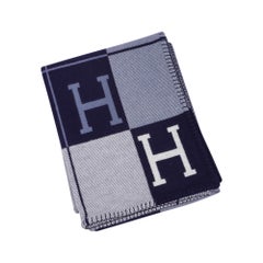 Hermes Blanket Avalon III Signature H Blue Caban / Ecru Throw Set of Two New