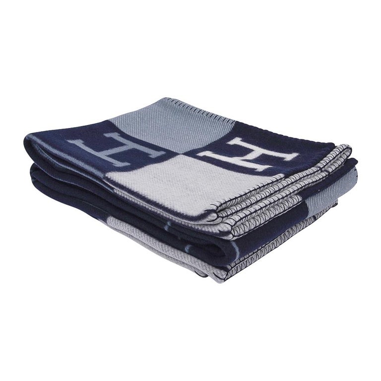 Hermes Blanket Avalon I Signature H Blue Throw New w/Box at 1stDibs