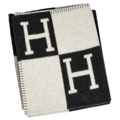 Hermes Blanket Avalon I Signature H Ecru and Gris Fonce Throw Blanket