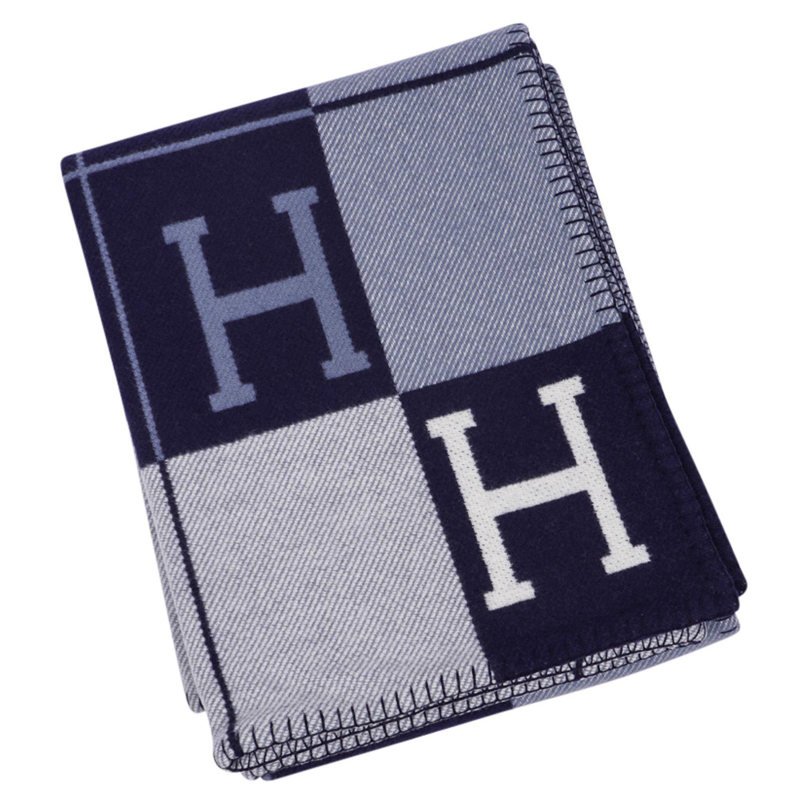 Hermes Blanket Avalon III Signature H Blue Caban / Ecru Throw New
