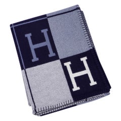 Hermes Blanket Avalon III Signature H Blue Caban / Ecru Throw New