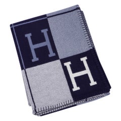 Hermes Blanket Avalon III Signature H Blue Caban / Ecru Throw New SET OF TWO