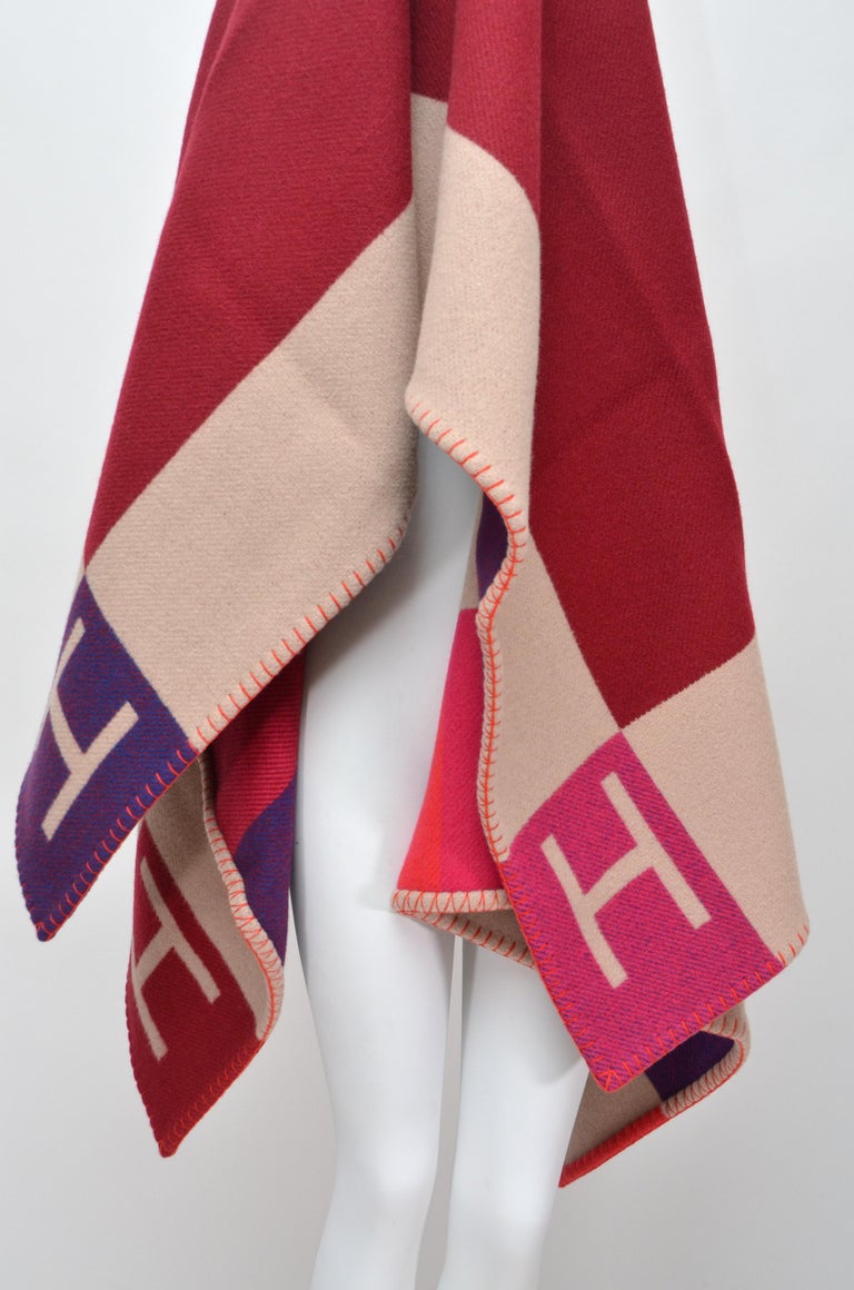 Hermes Blanket Avalon Vibration Signature H Beige Fuchsia Throw New