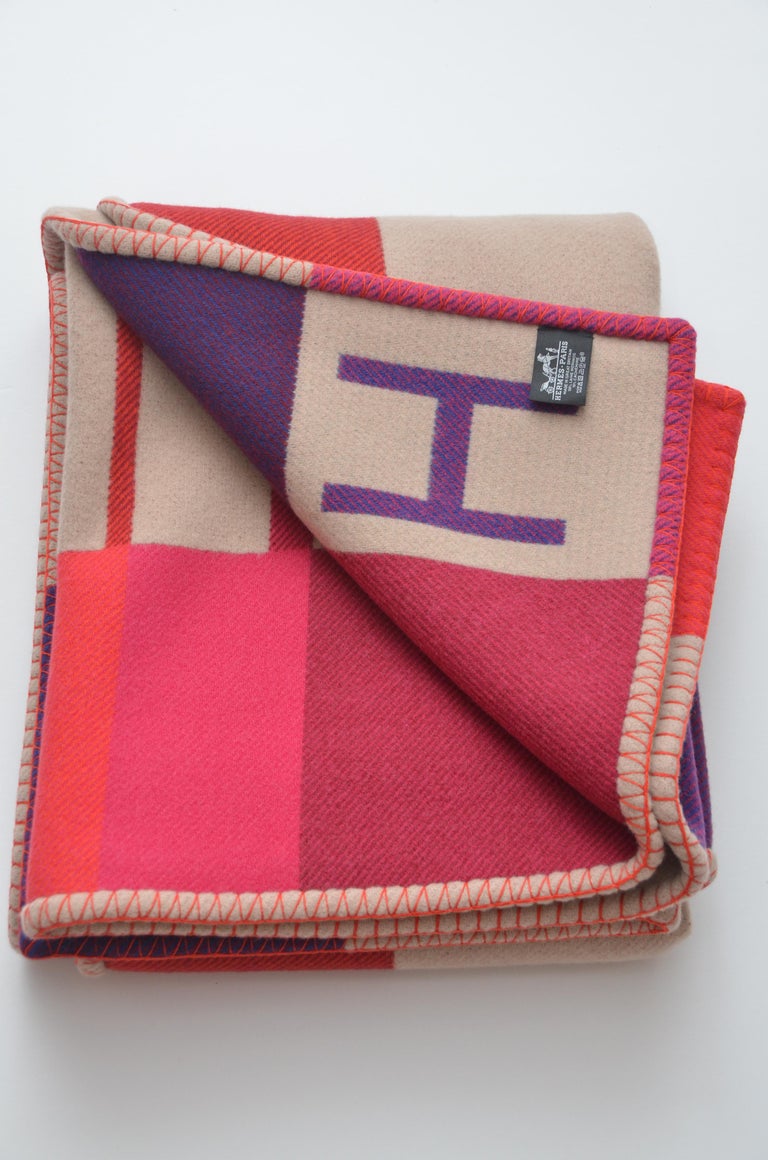 Hermes Blanket Avalon Vibration Signature H Beige Fuchsia Throw New