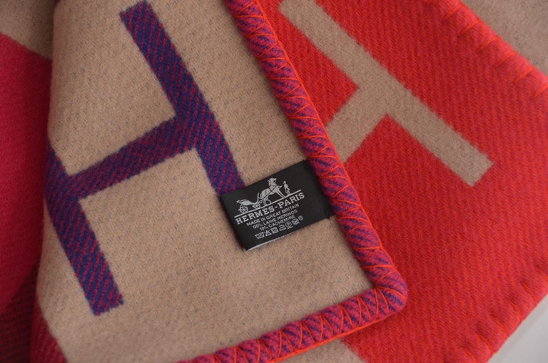 Hermes Blanket Avalon Vibration Signature H Beige Fuchsia Throw New