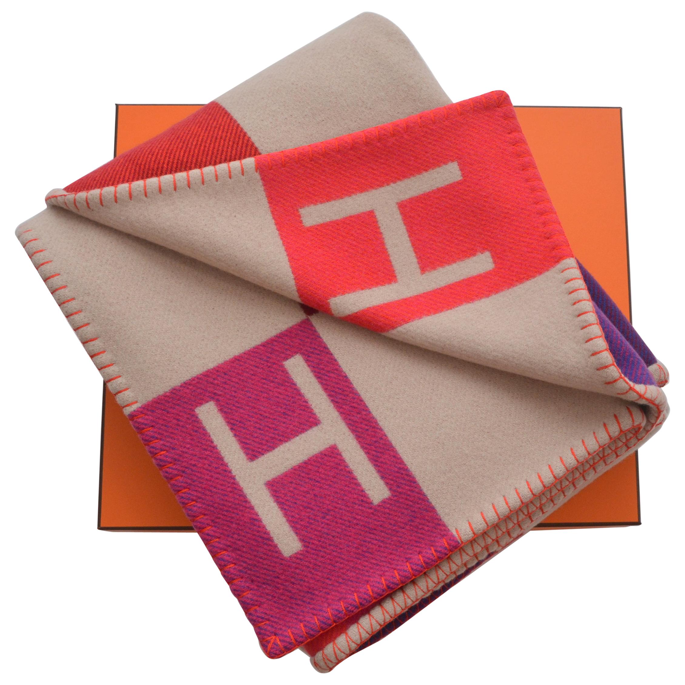 Hermes Blanket Avalon Vibration  Signature H  Beige Fuchsia Throw  New With Box 