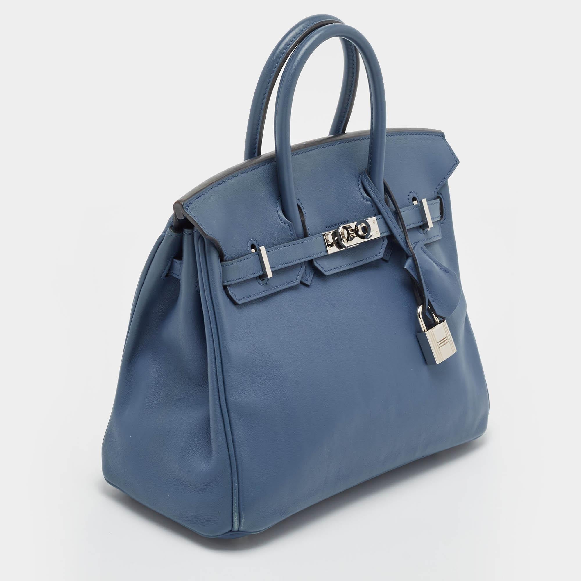 Gray Hermes Bleu Agate Swift Leather Palladium Finish Birkin 25 Bag