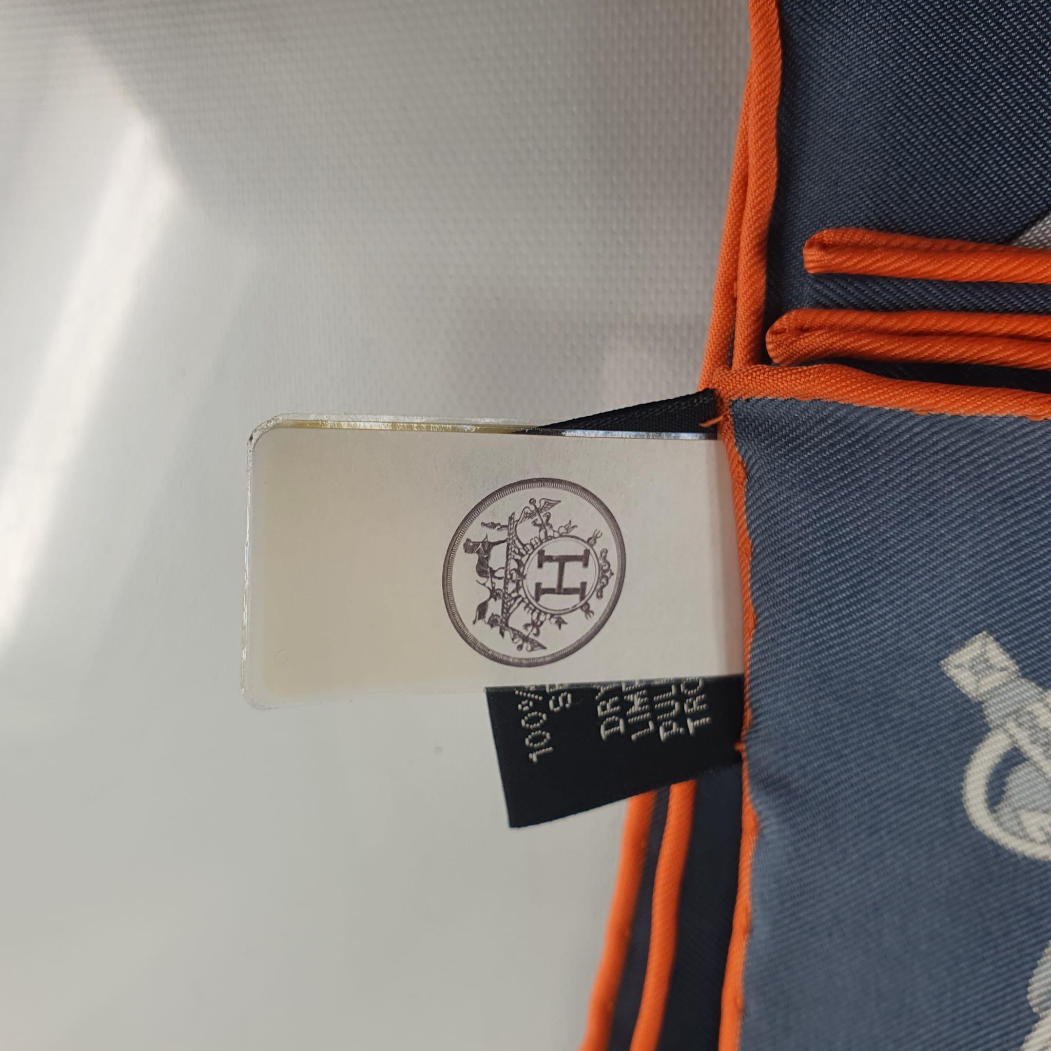 Gray Hermes bleu ardoise, blanc & orange silk Stately Wheels scarf 90