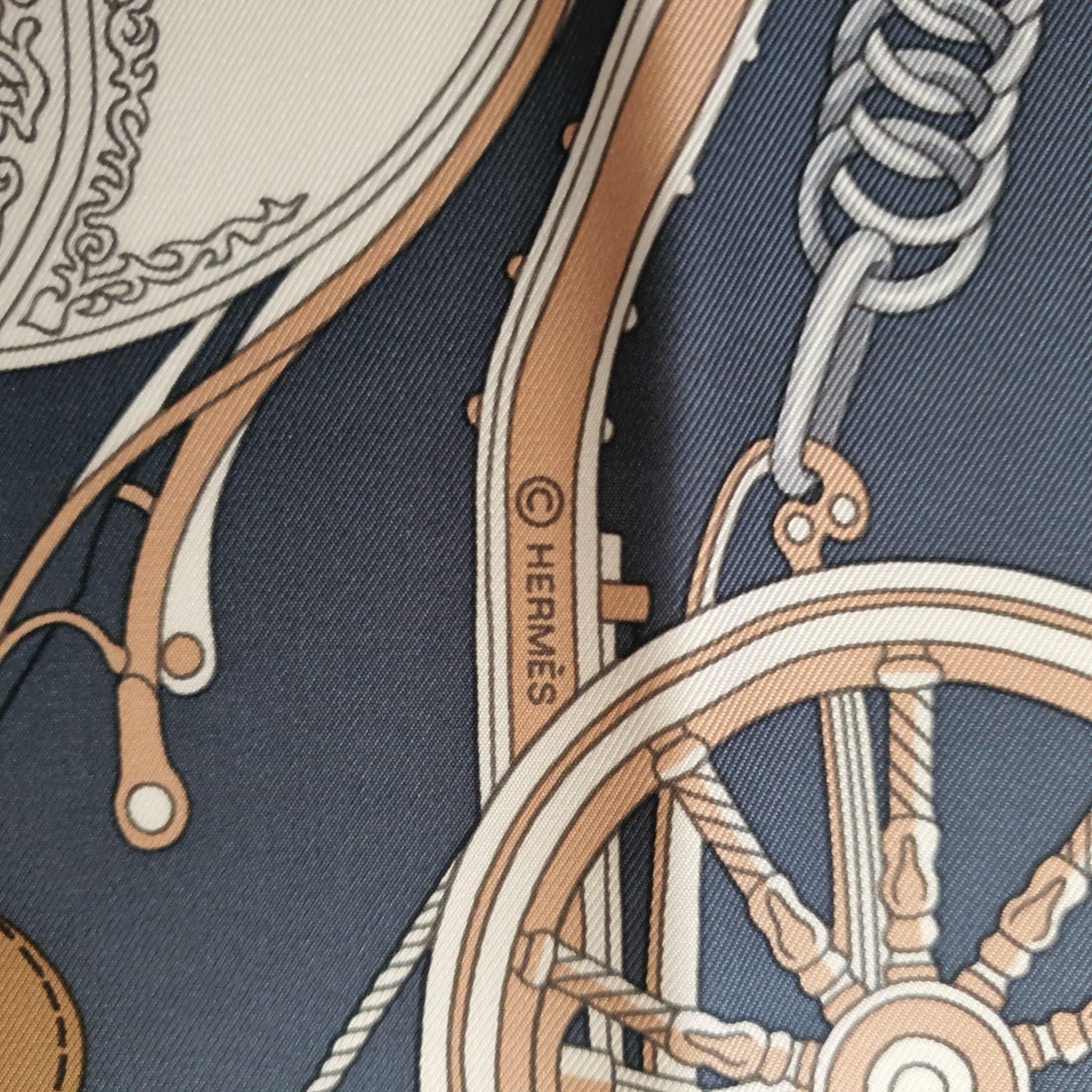 Women's or Men's Hermes bleu ardoise, blanc & orange silk Stately Wheels scarf 90
