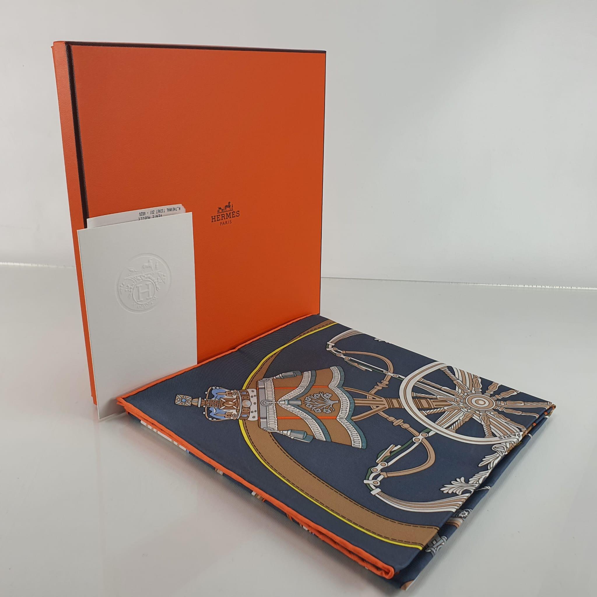 Hermes bleu ardoise, blanc & orange silk Stately Wheels scarf 90 1