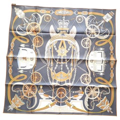 Hermes bleu ardoise, blanc & orange silk Stately Wheels scarf 90