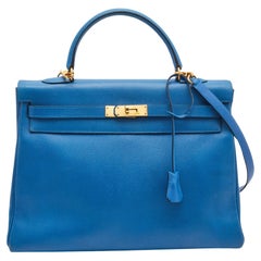 Hermès Bleu Azur Epsom Leather Gold Finish Kelly Retourne 35 Bag