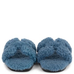 HERMES Bleu blue woolskin ORAN TEDDY Slide Sandals Shoes 38