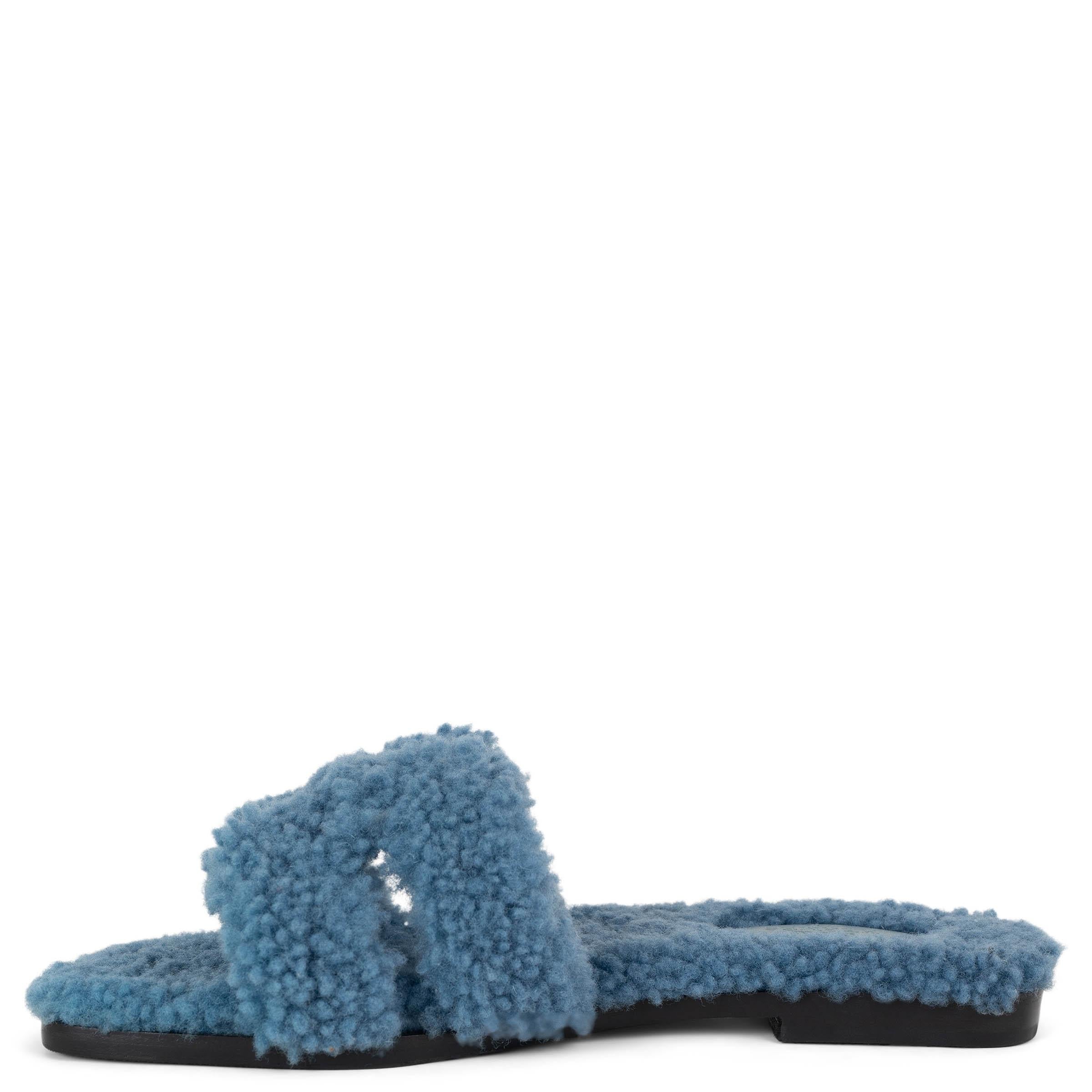 HERMES Bleu blaues Wollleder ORAN TEDDY Slide Sandalen Schuhe 38 (Grau) im Angebot