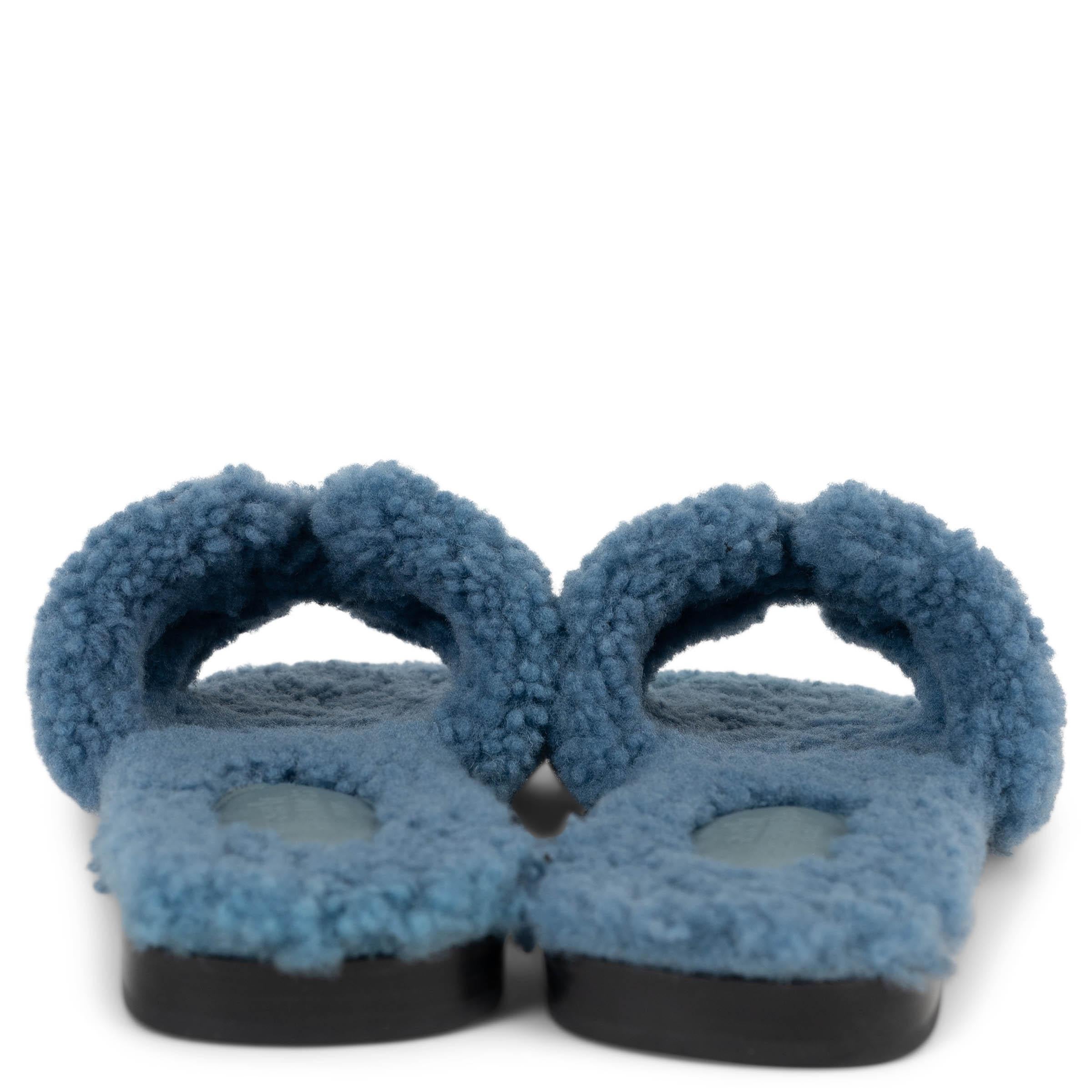 HERMES Bleu blaues Wollleder ORAN TEDDY Slide Sandalen Schuhe 38 im Zustand „Neu“ im Angebot in Zürich, CH