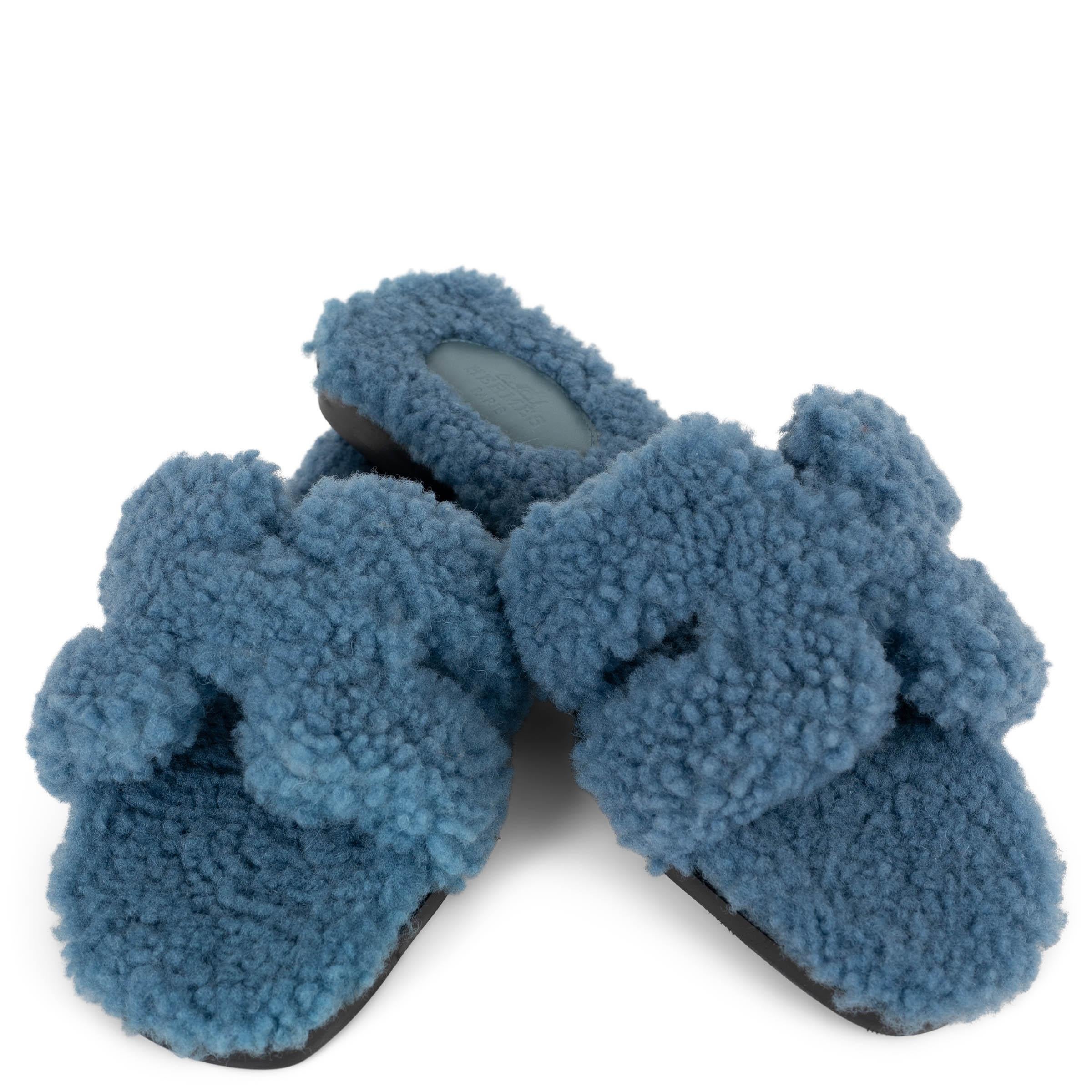 HERMES Bleu blaues Wollleder ORAN TEDDY Slide Sandalen Schuhe 38 im Angebot 1