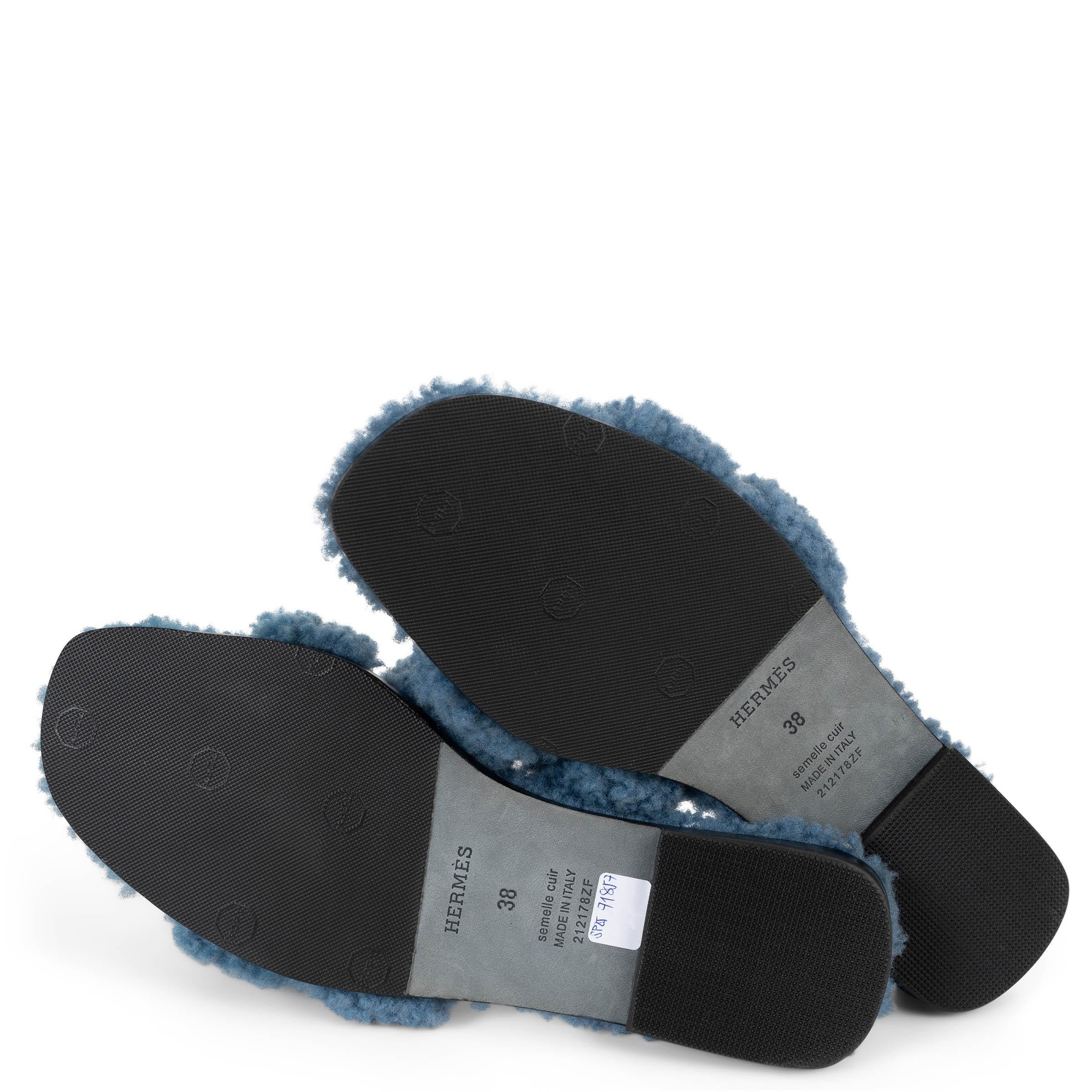 HERMES Bleu blaues Wollleder ORAN TEDDY Slide Sandalen Schuhe 38 im Angebot 3