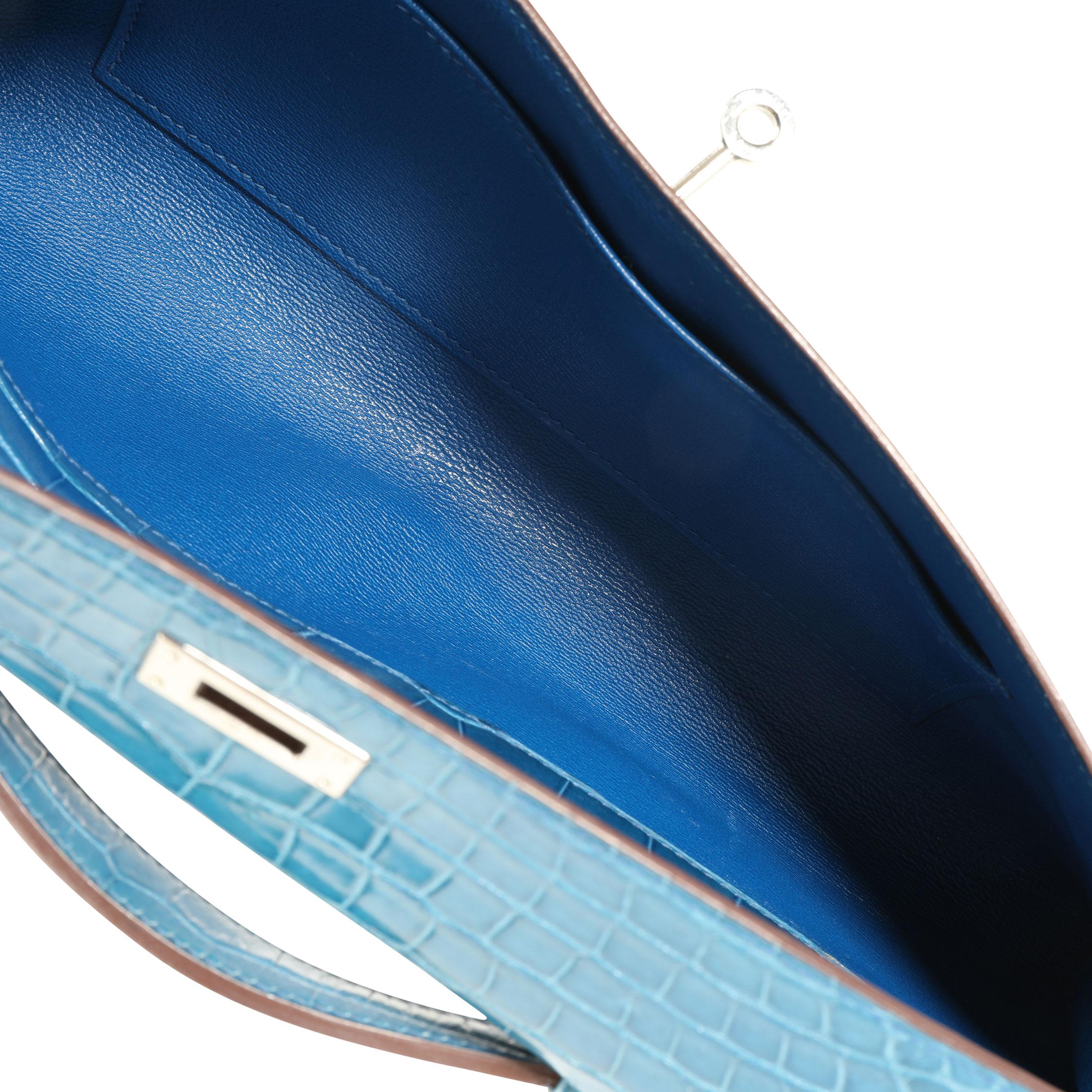 Blue Hermès Bleu Brighton Shiny Porosus Crocodile Kelly Cut PHW