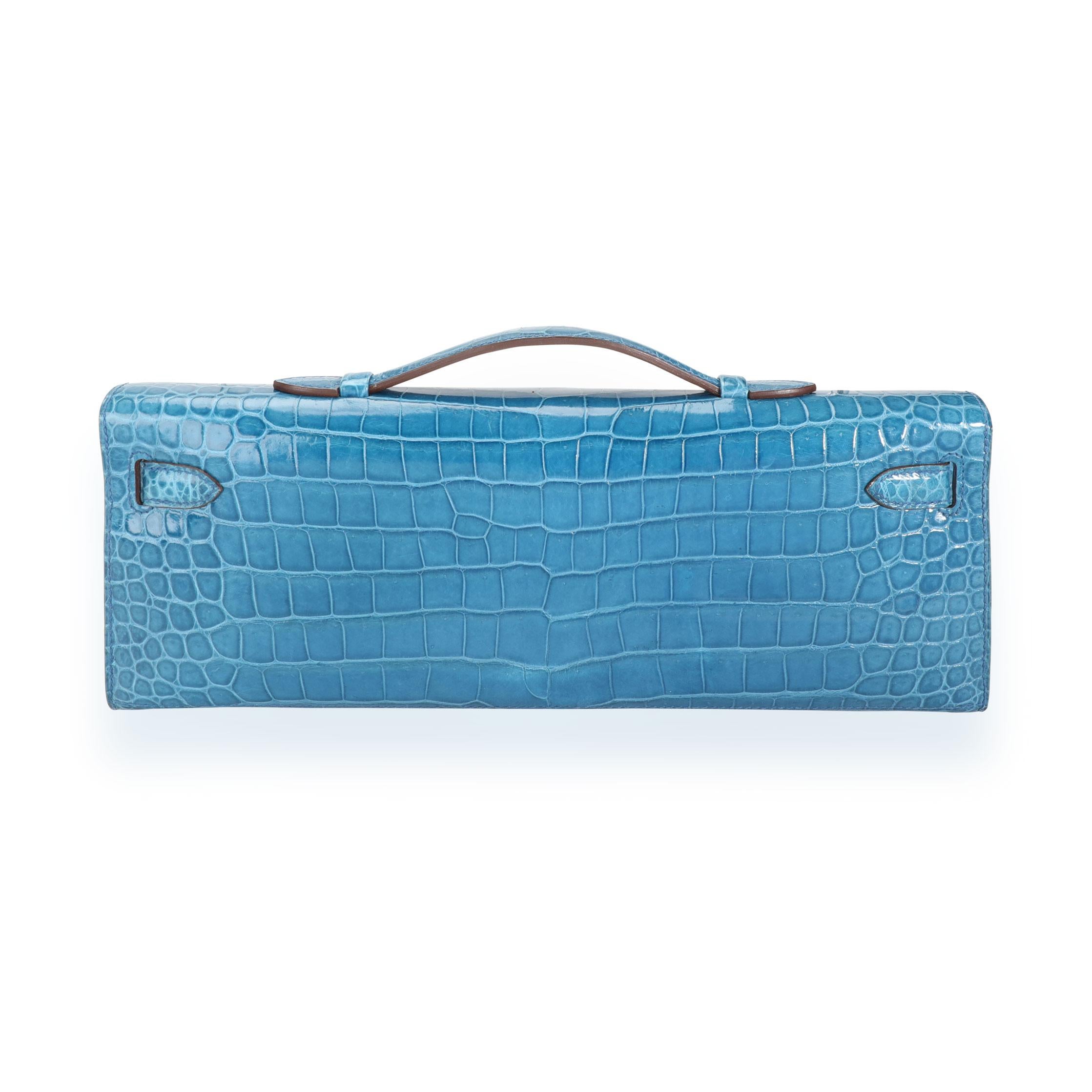 Women's Hermès Bleu Brighton Shiny Porosus Crocodile Kelly Cut PHW