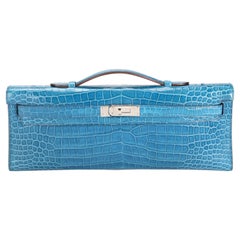 Hermès Bleu Brighton Shiny Porosus Crocodile Kelly Cut PHW