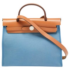 Hermes Bleu Brighton/Vache Naturel Leather and Canvas Herbag Zip 31 Bag