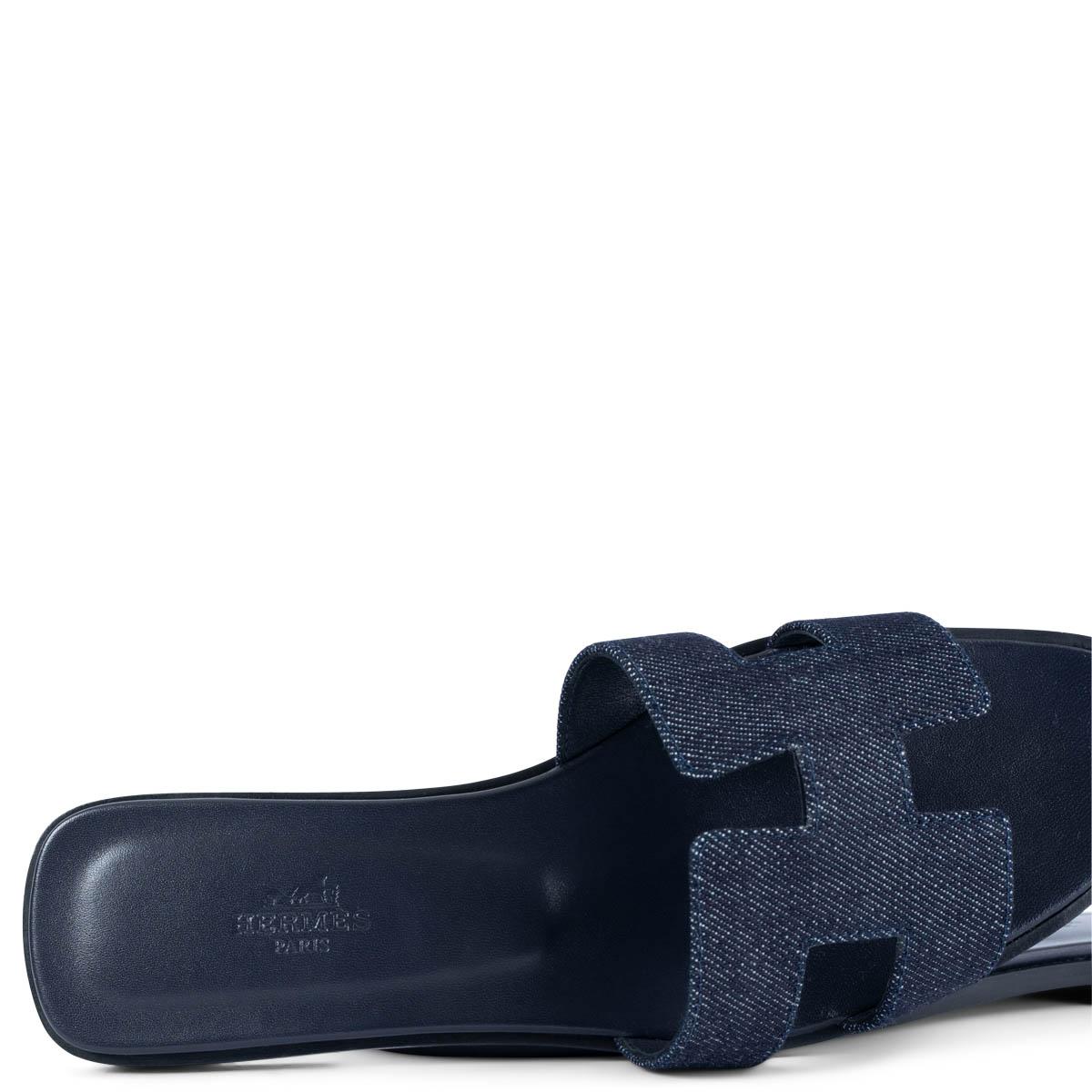 HERMES Bleu Brut blue DENIM ORAN Slides Sandals Shoes 37.5 For Sale 2