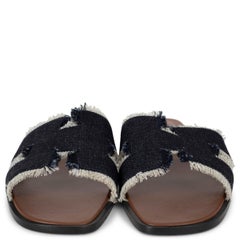 HERMES Bleu Brut blue FRINGED DENIM ORAN Slides Sandals Shoes 39 fit 38.5