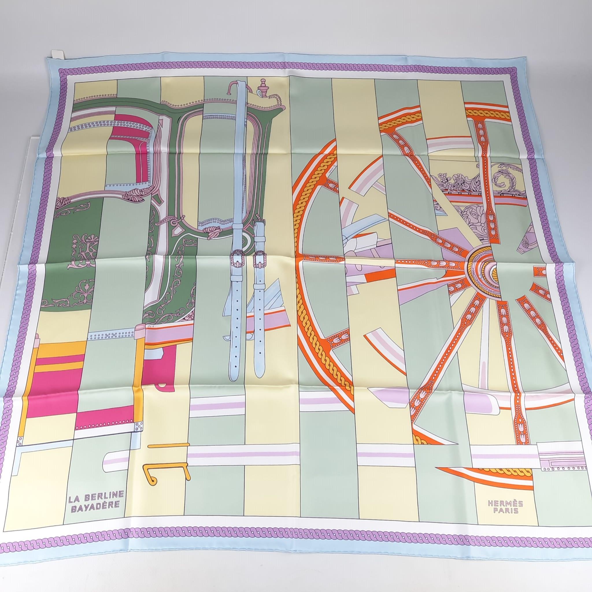Hermes Bleu Ciel / Jaune Soufre / Vert La Berline Bayadere scarf 90 In New Condition In Nicosia, CY