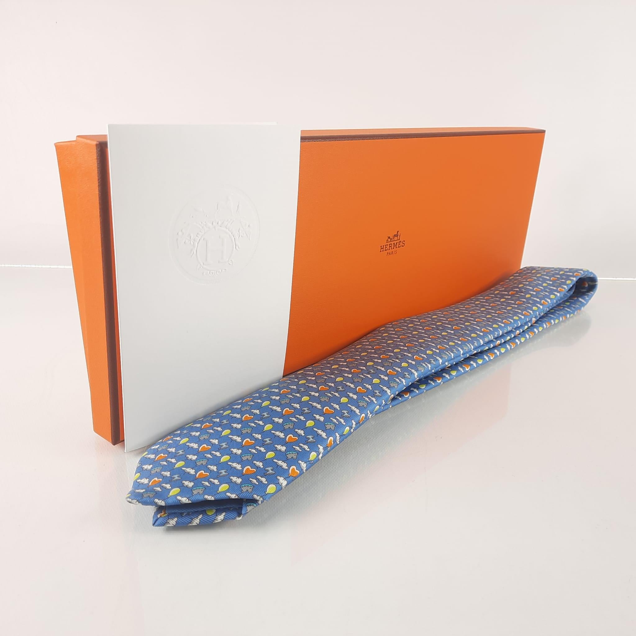 Hermes Bleu Clair, Gris & Orange Silk Up In The Clouds tie 1