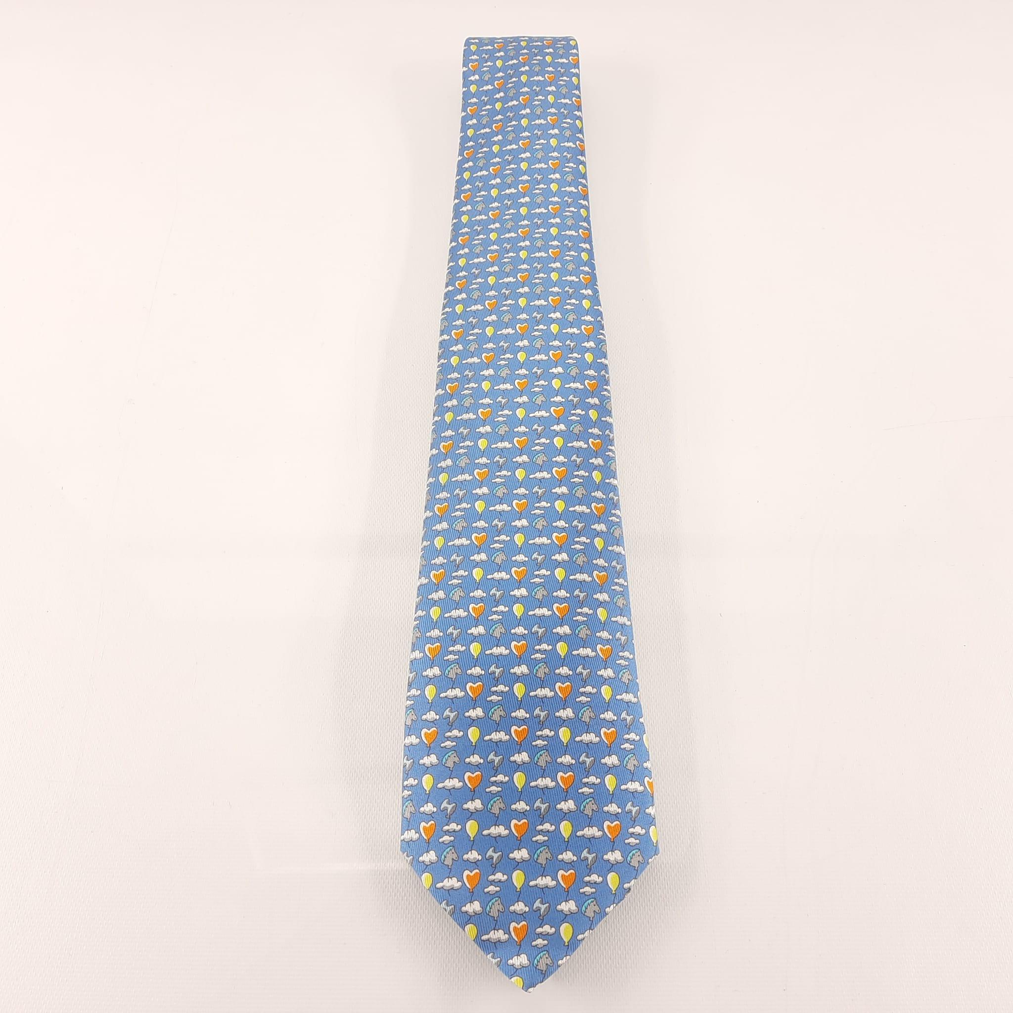 Hermes Bleu Clair / Gris / Orange Up In The Clouds tie In New Condition For Sale In Nicosia, CY