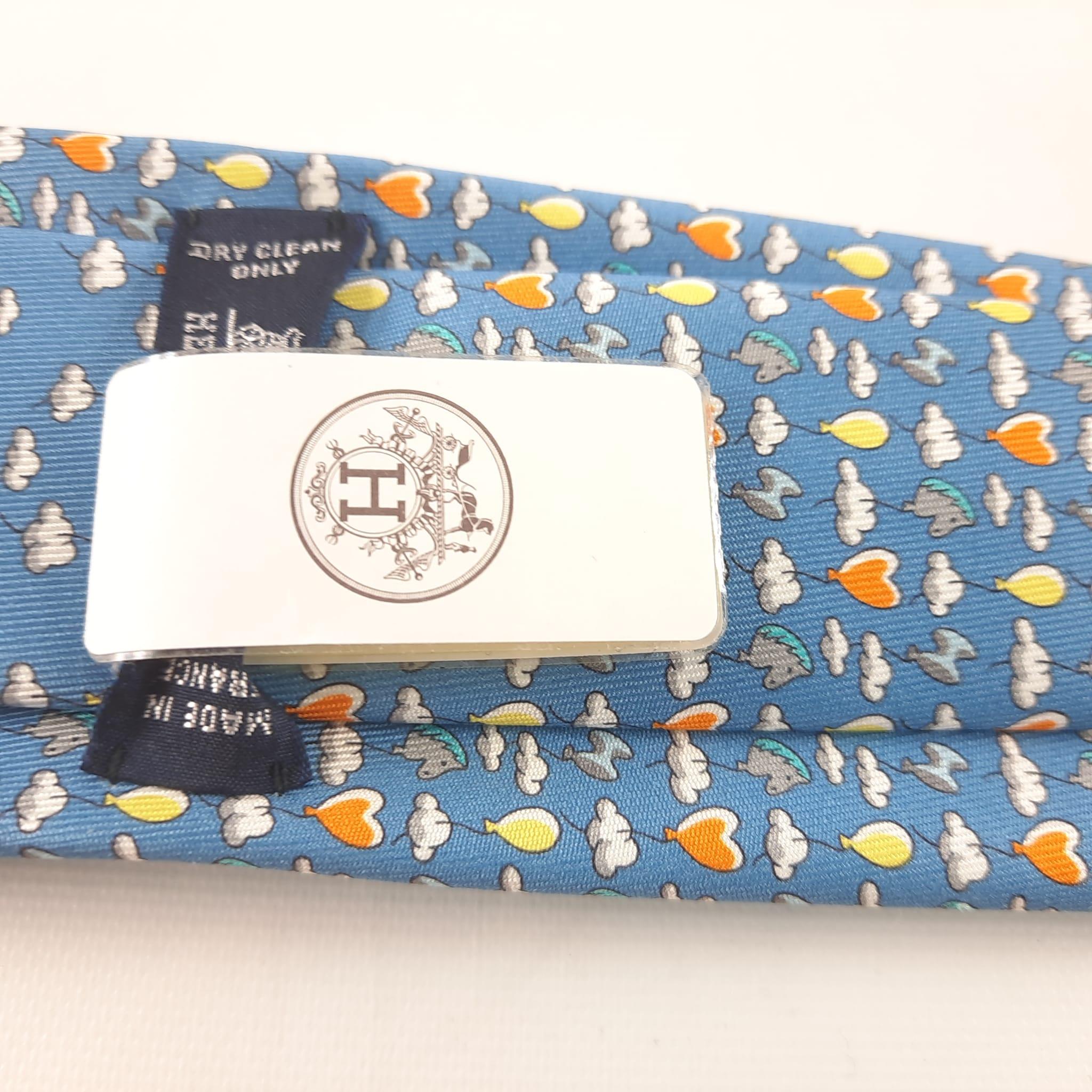 Hermes Bleu Clair / Gris / Orange Up In The Clouds tie For Sale 2