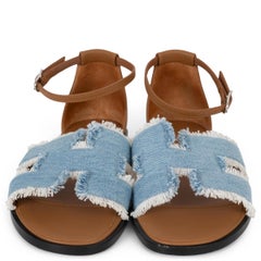 HERMES Bleu Claire Natural fringed denim SANTORINI Sandals Shoes 37