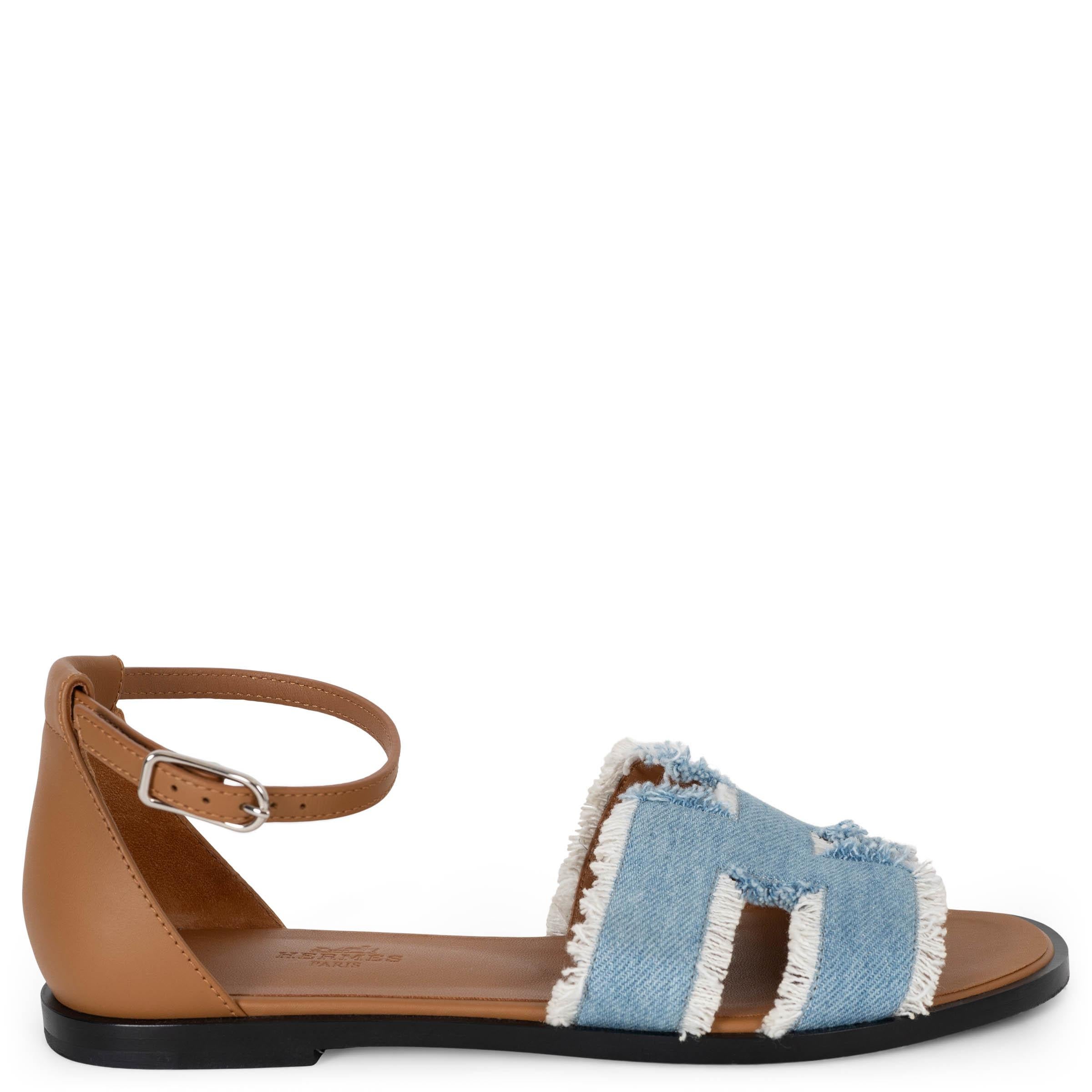 HERMES Bleu Claire Natural fringed denim SANTORINI Sandals Shoes 37 For Sale
