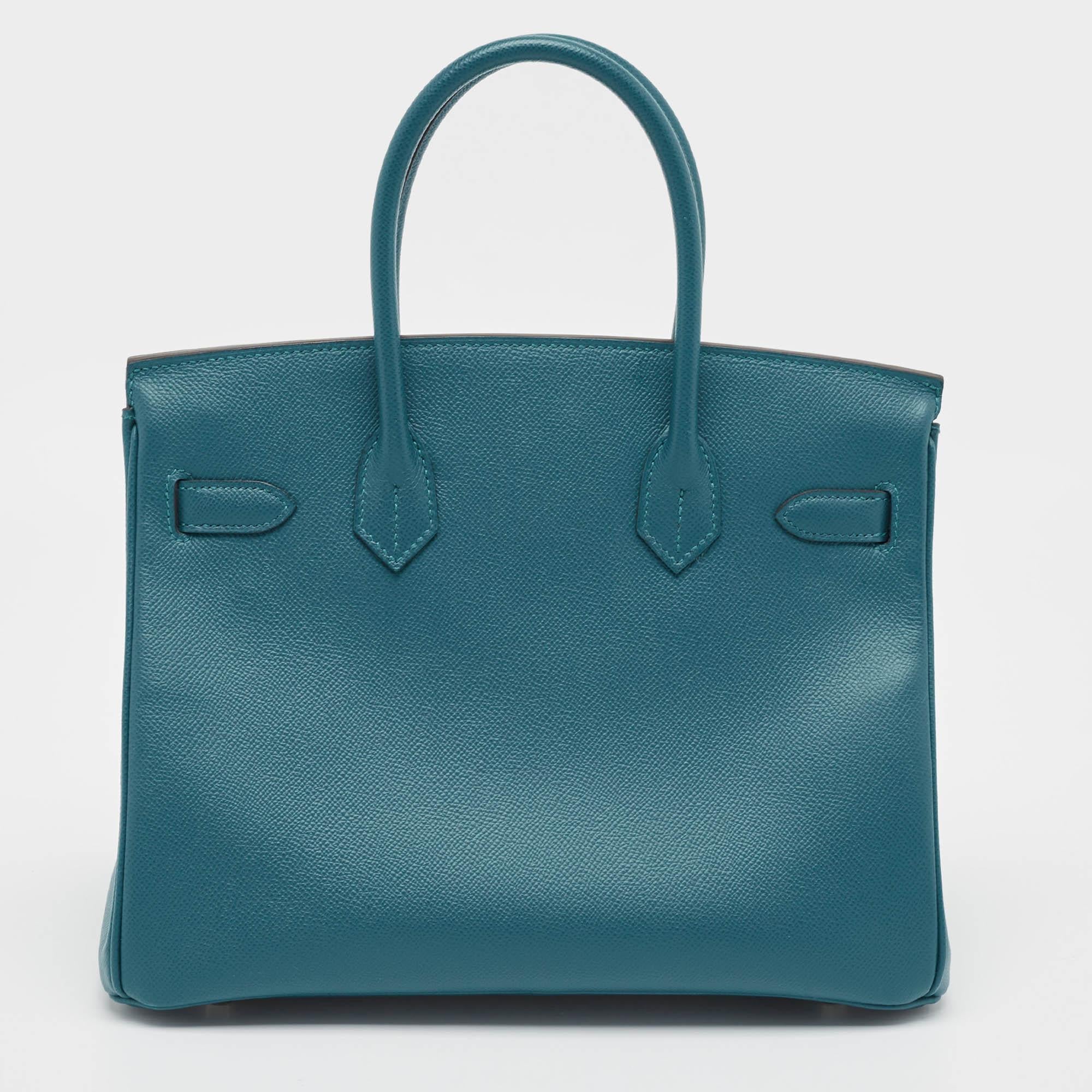 Hermes Bleu De Galice Epsom Leather Palladium Finish Birkin 30 Bag In Excellent Condition For Sale In Dubai, Al Qouz 2