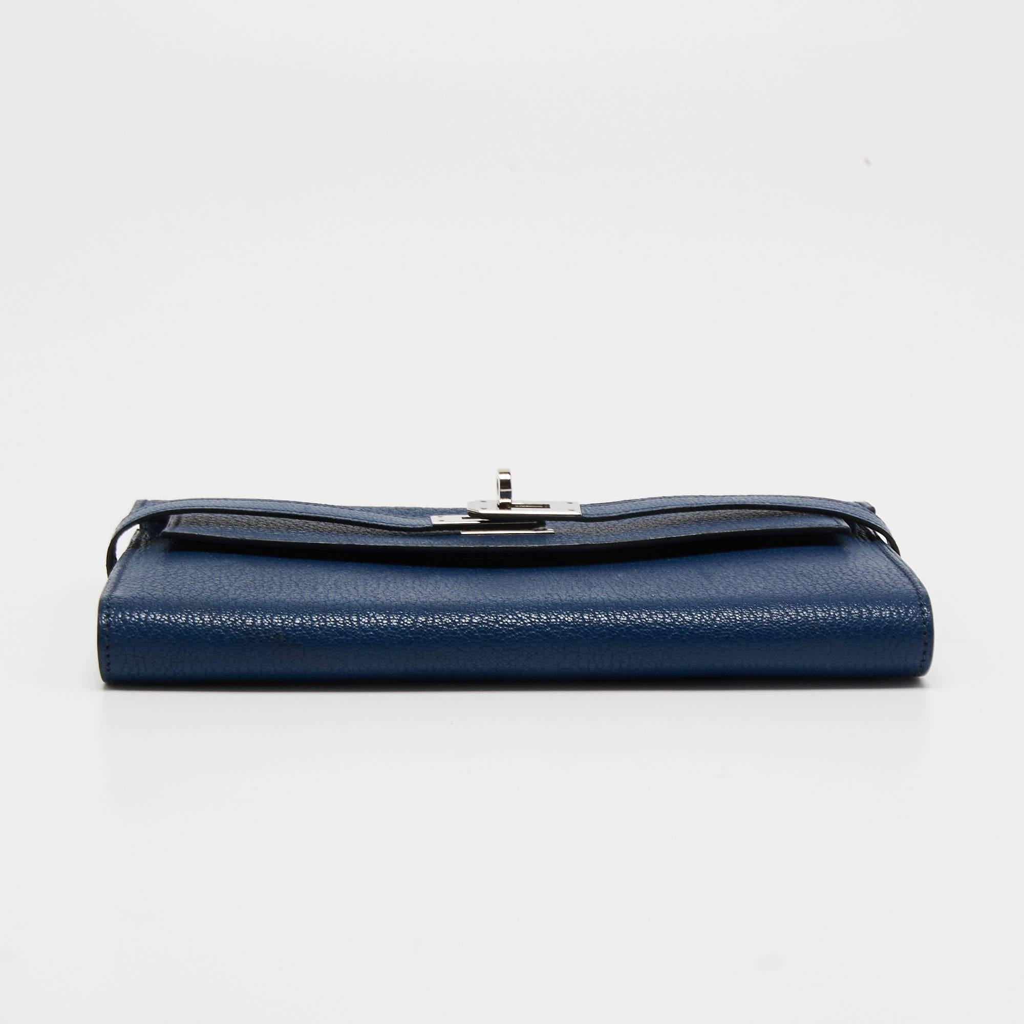 Women's Hermes Bleu De Malte Chevre Mysore Leather Kelly Classic Wallet