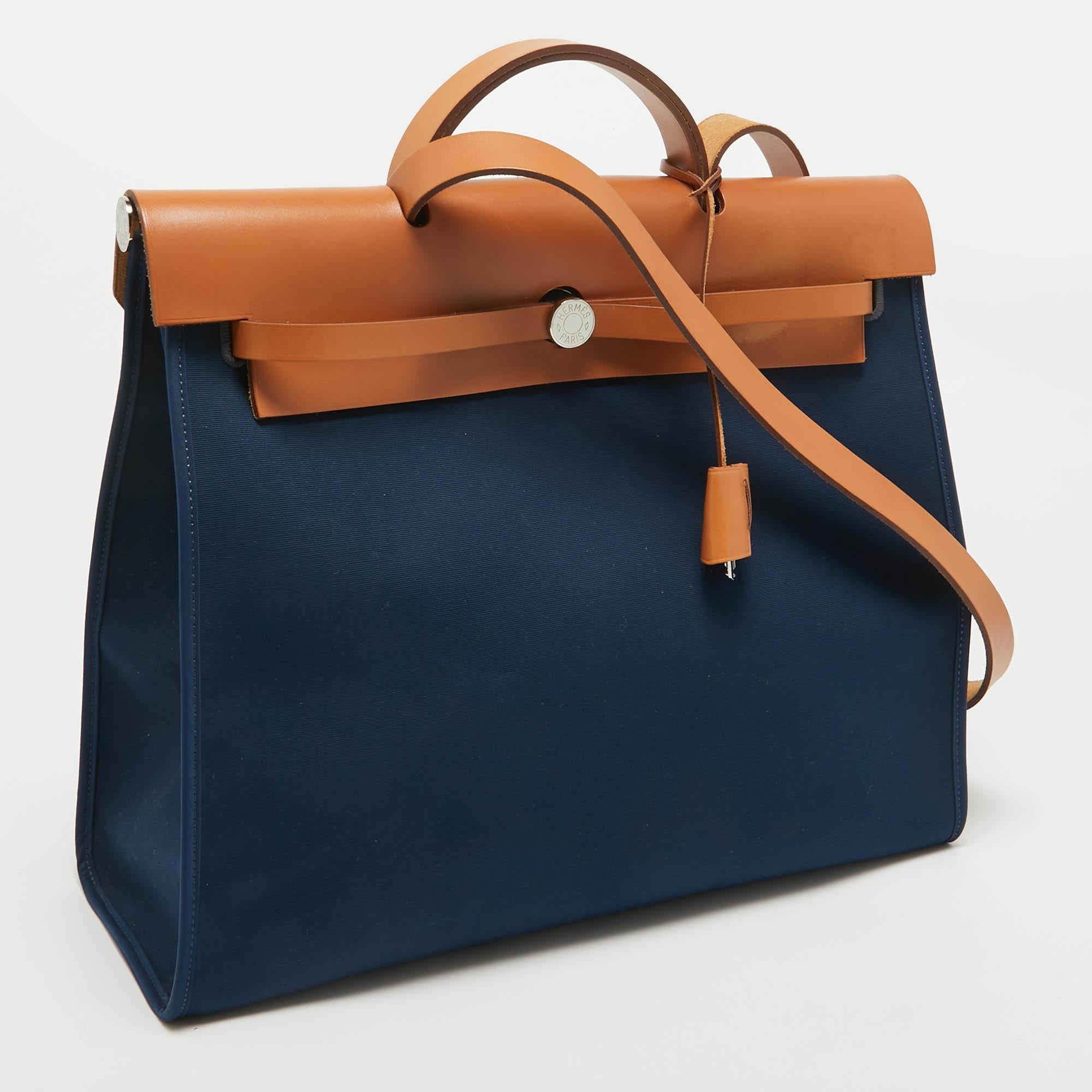 Black Hermes Bleu De Malte/Natural Toile and Vache Hunter Herbag Zip 39 Bag