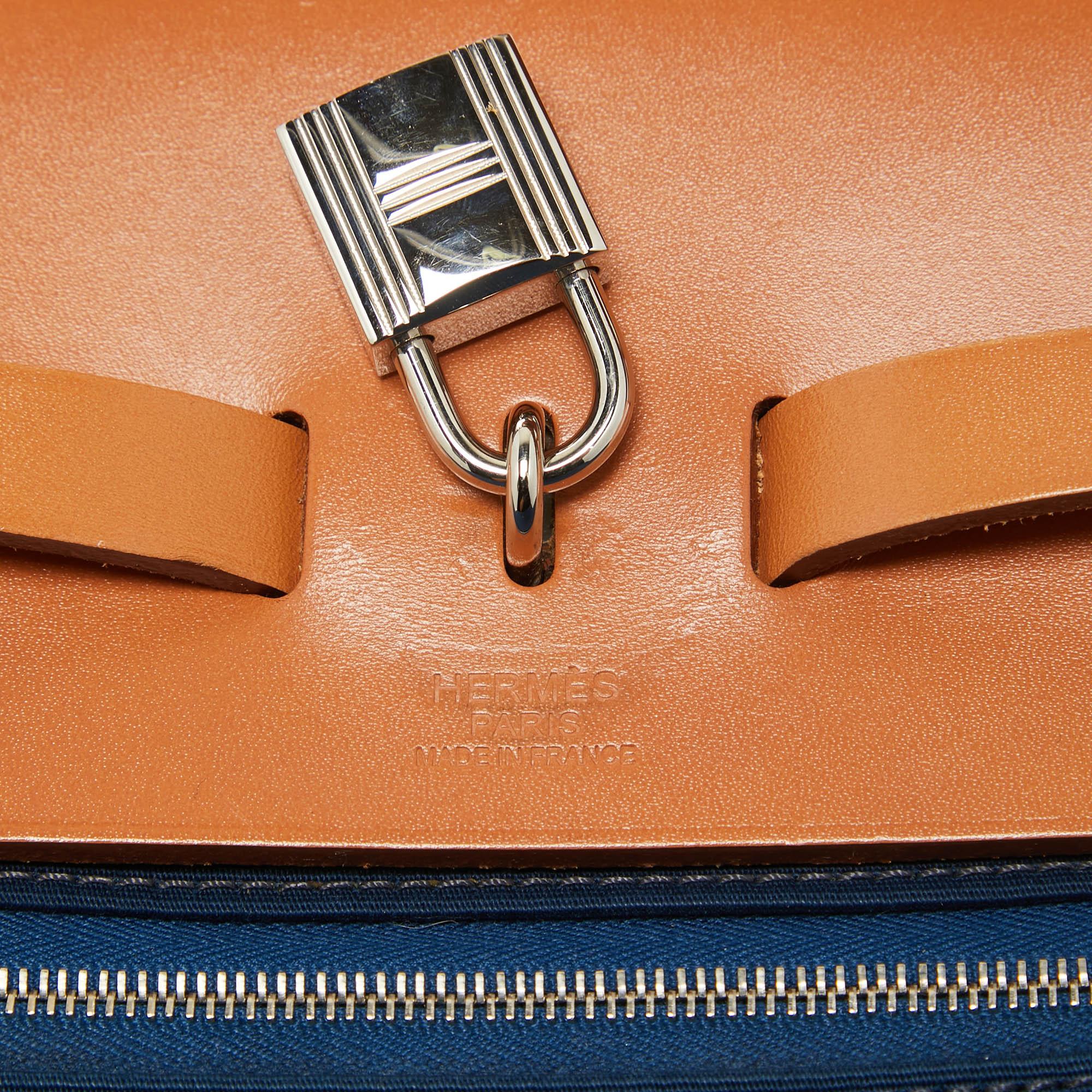 Women's Hermes Bleu De Malte/Natural Toile and Vache Hunter Herbag Zip 39 Bag