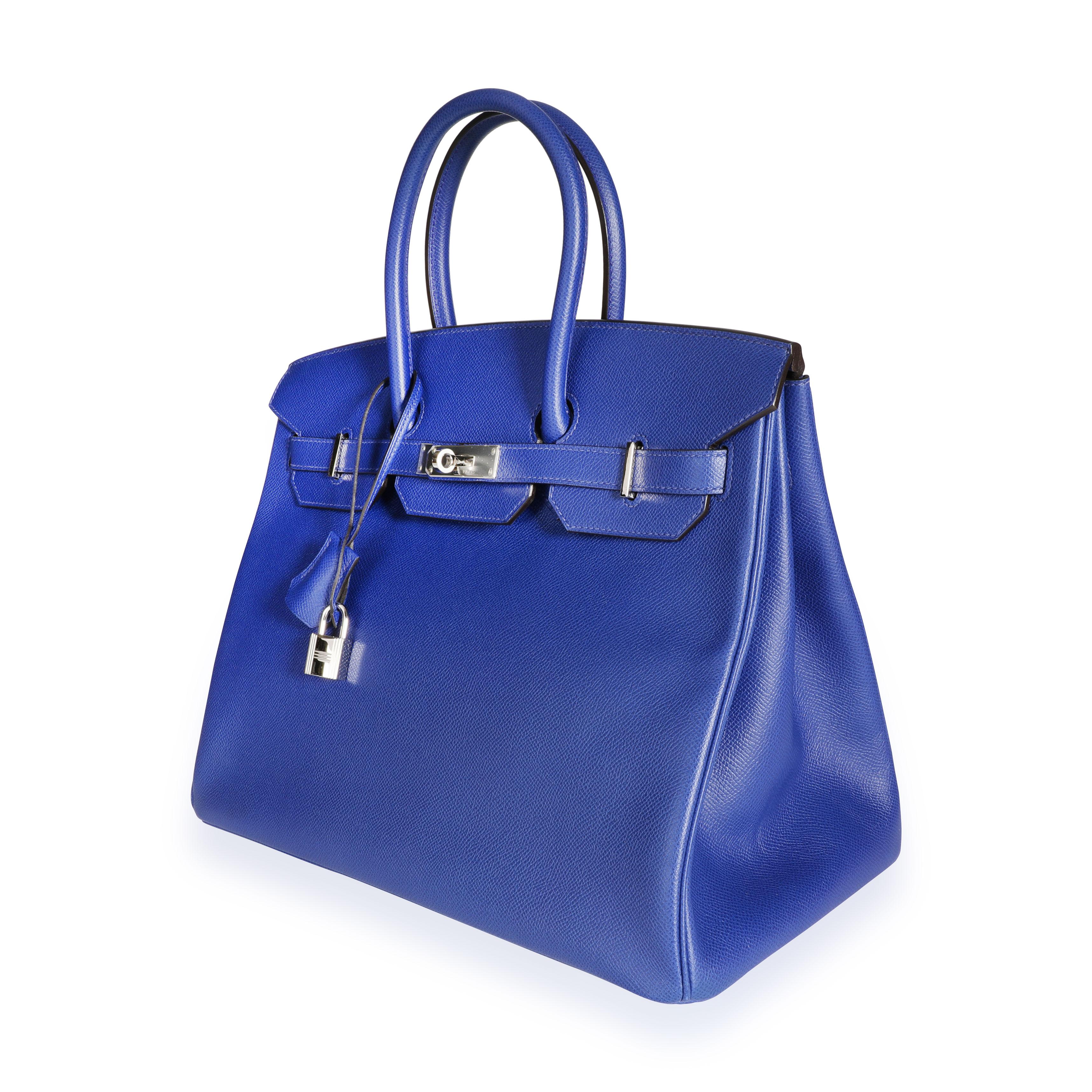 Hermès Bleu Électrique Epsom Birkin 35 PHW
SKU: 110053

Handbag Condition: Very Good
Condition Comments: Very Good Condition. Plastic on some hardware. Scuffing to corners. Light marks throughout exterior. Scratching to hardware.
Brand:
