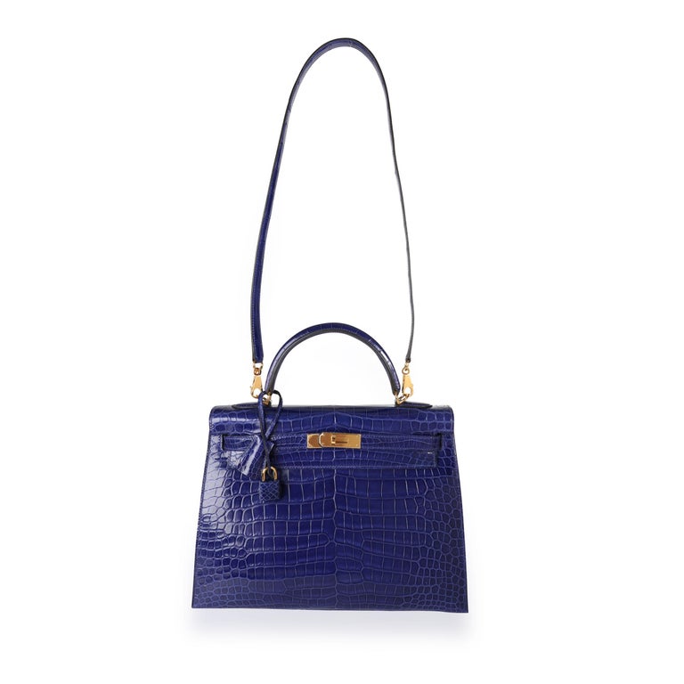 Pre- Order - HERMES Kelly 28 Blue Electric Shining Porosus Crocodile Silver  Hardware - Fashion Handbag Collections