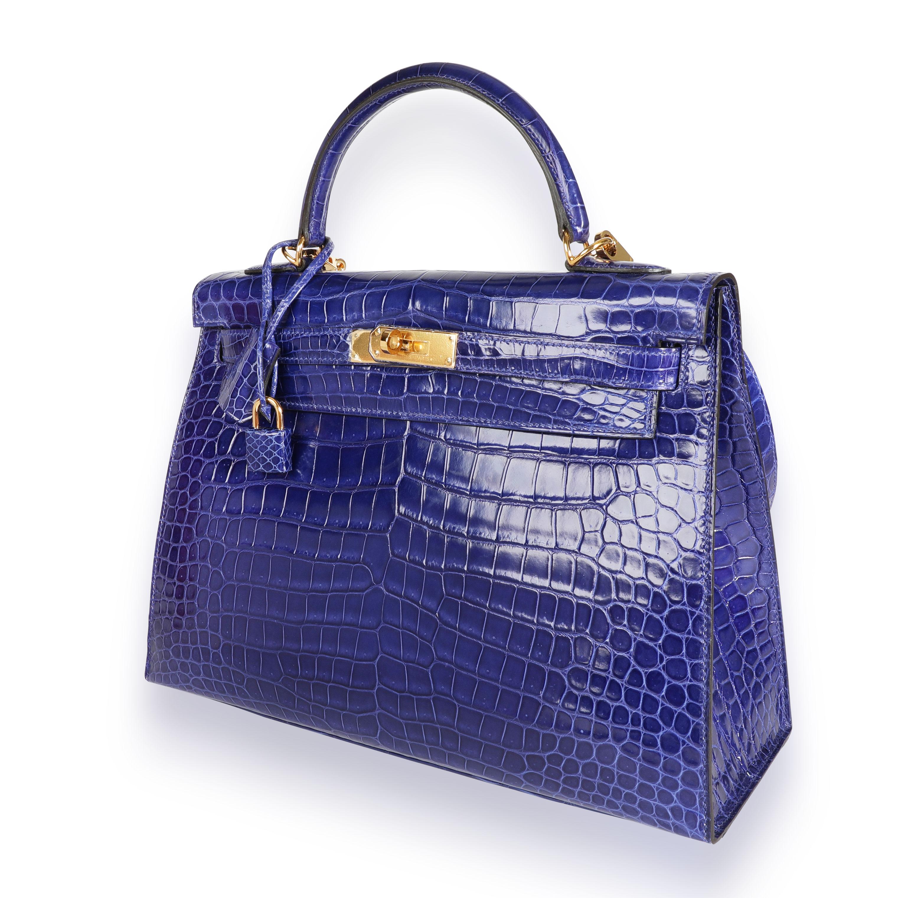 Violet Hermès Bleu Électrique Shiny Porosus Crocodile Sellier Kelly 32 GHW en vente