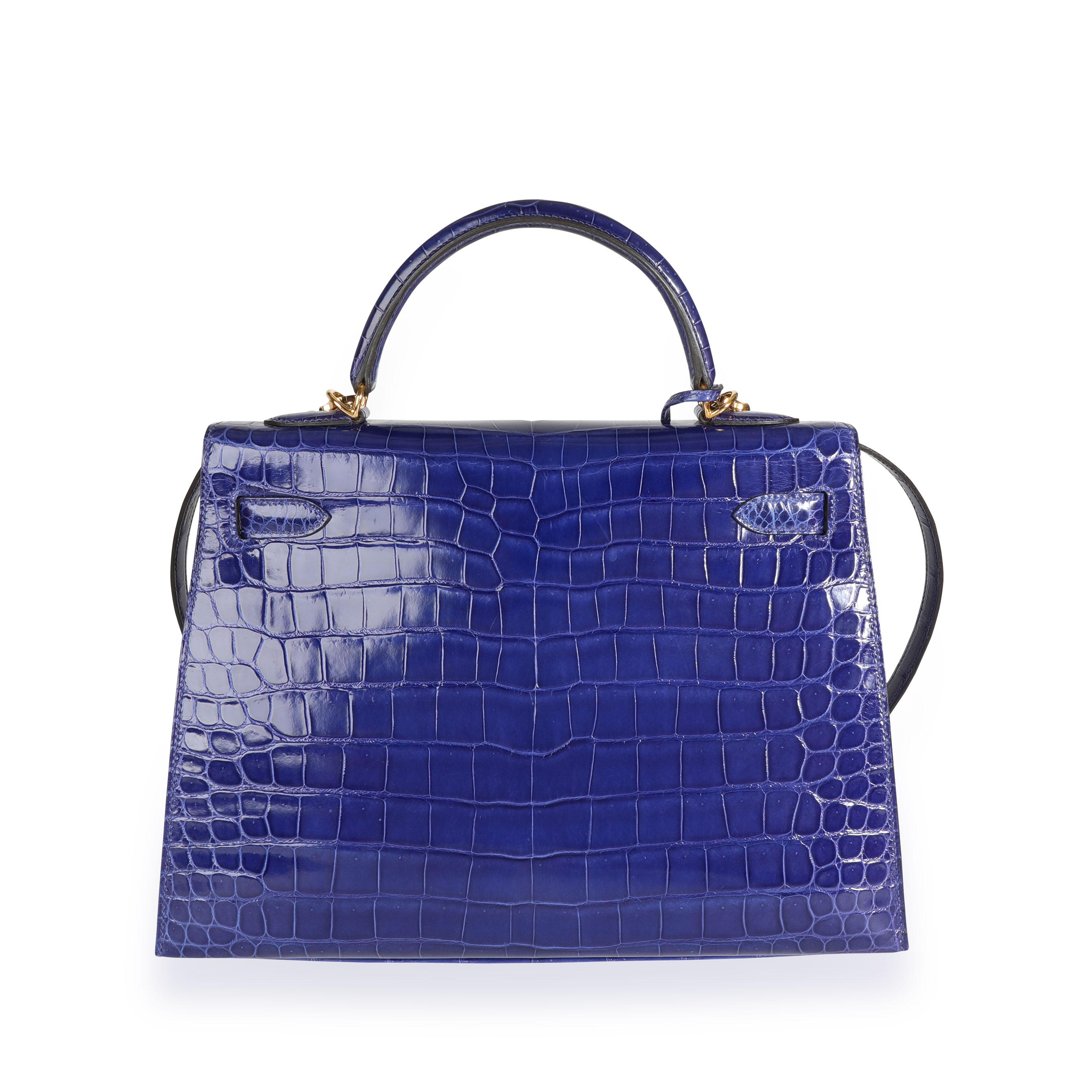 Hermès Bleu Électrique Shiny Porosus Crocodile Sellier Kelly 32 GHW Bon état - En vente à New York, NY