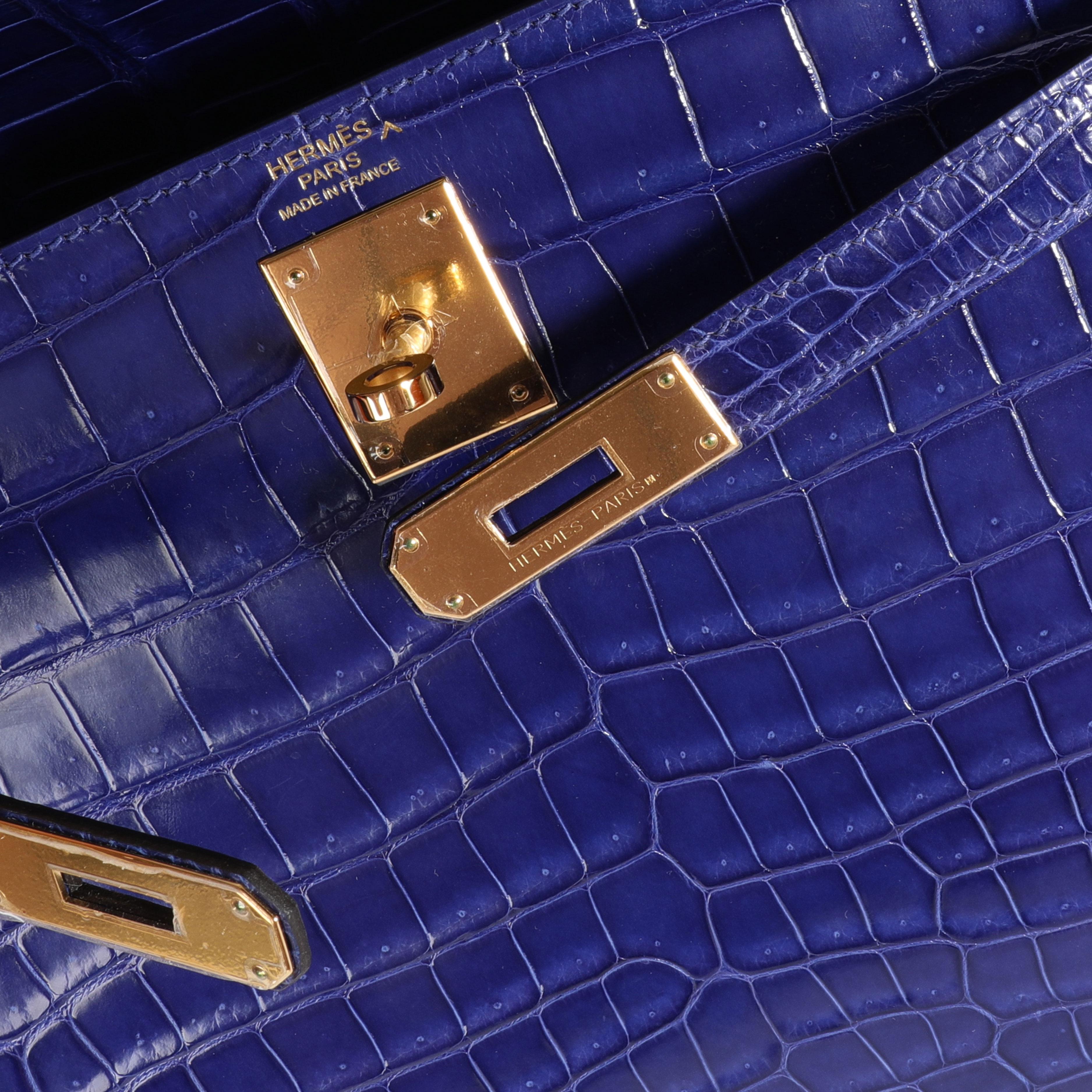 Hermès Bleu Électrique Shiny Porosus Crocodile Sellier Kelly 32 GHW Pour femmes en vente