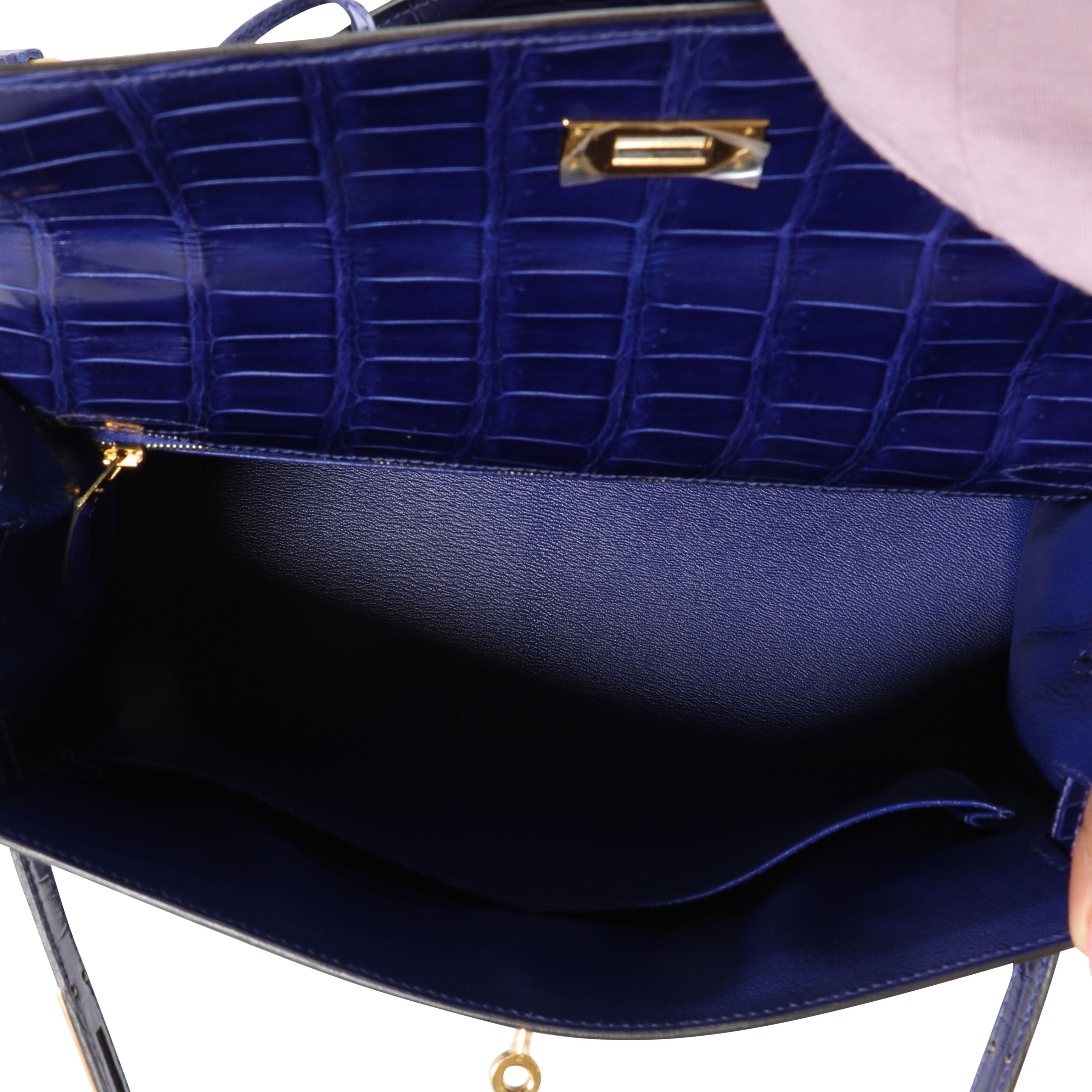 Hermès Bleu Électrique Shiny Porosus Crocodile Sellier Kelly 32 GHW en vente 1