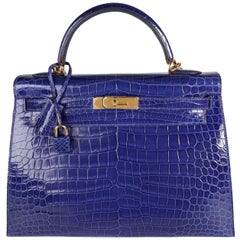 Hermès Bleu Électrique Glänzend Porosus Krokodil Sellier Kelly 32 GHW